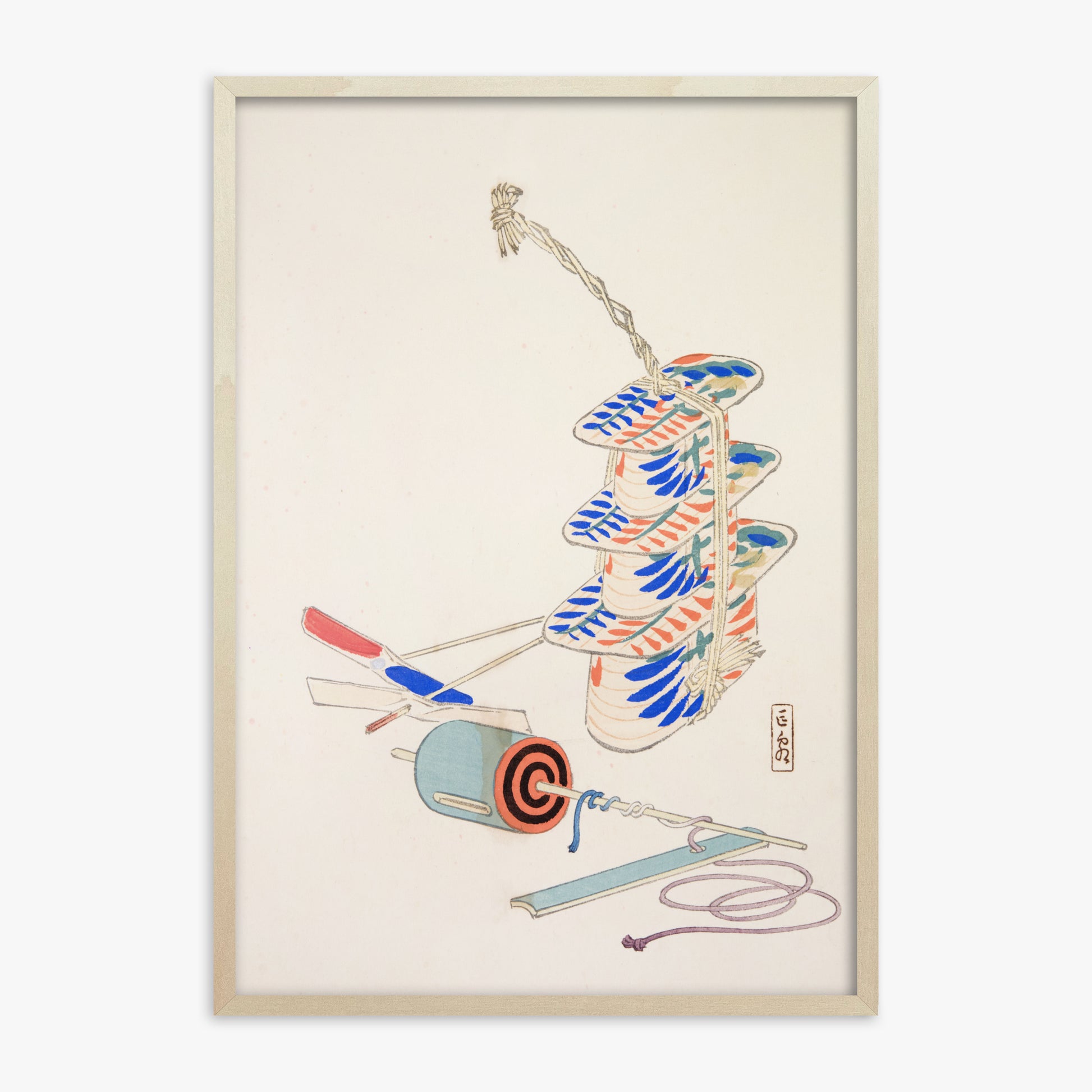 Kawasaki Kyosen: Kyosen’s Collected Illustrations of Japanese Toys Nr. 37 ("Nostalgic Winds: Japanese Childhood Treasures"), 70x100cm Framed Art Reproduction With Lime Wood Frame