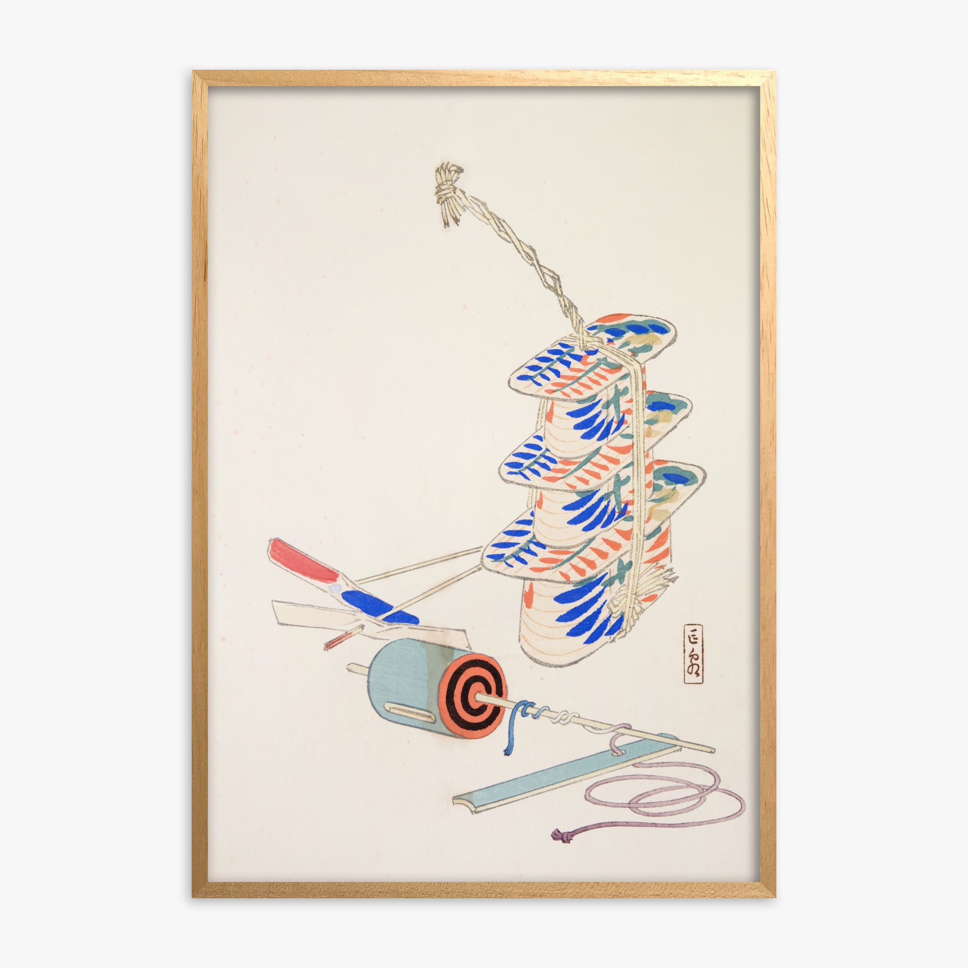 Kawasaki Kyosen: Kyosen’s Collected Illustrations of Japanese Toys Nr. 37 ("Nostalgic Winds: Japanese Childhood Treasures"), Oak Framed Art Reproduction With Oak Frame