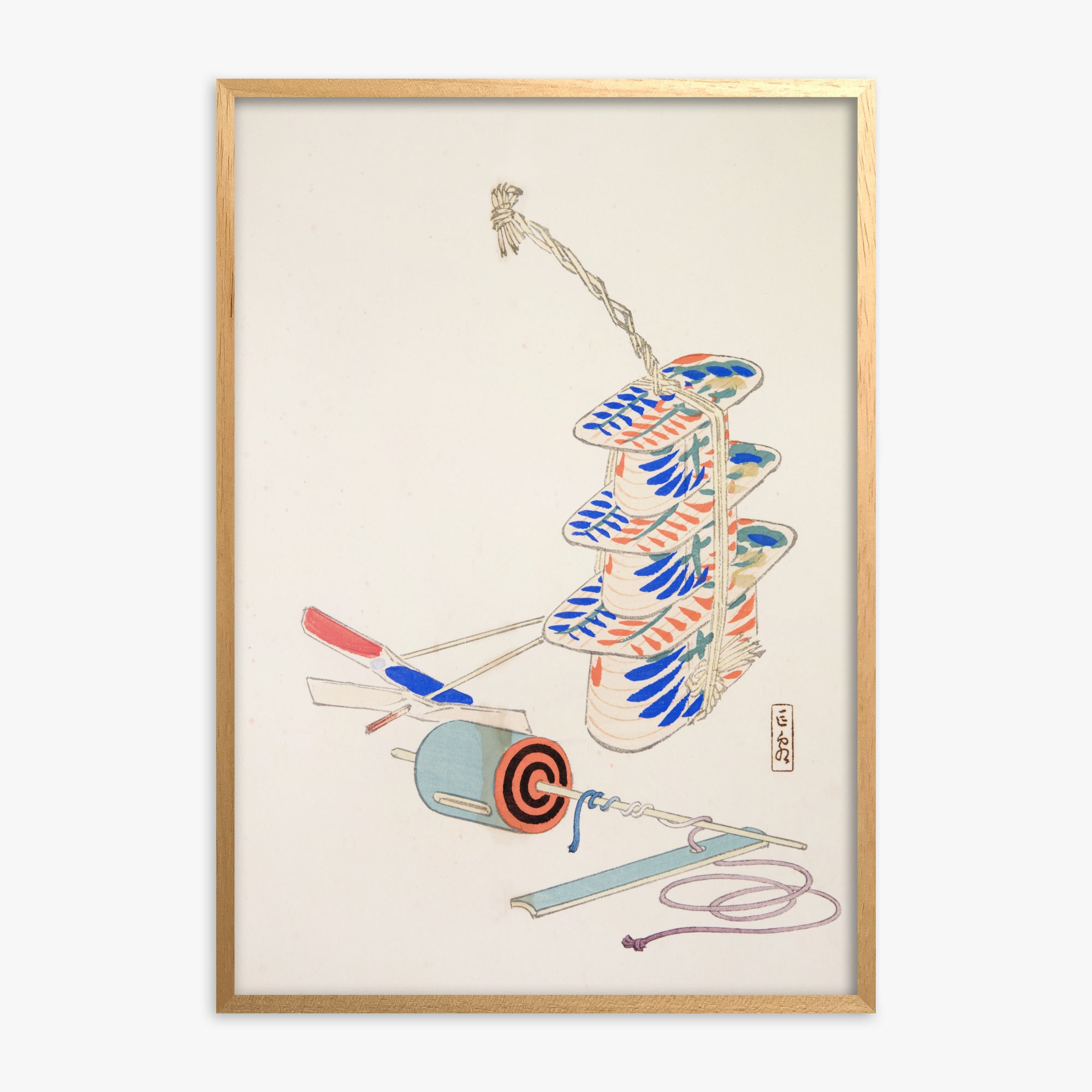 Kawasaki Kyosen: Kyosen’s Collected Illustrations of Japanese Toys Nr. 37 ("Nostalgic Winds: Japanese Childhood Treasures"), Oak Framed Art Reproduction With Oak Frame
