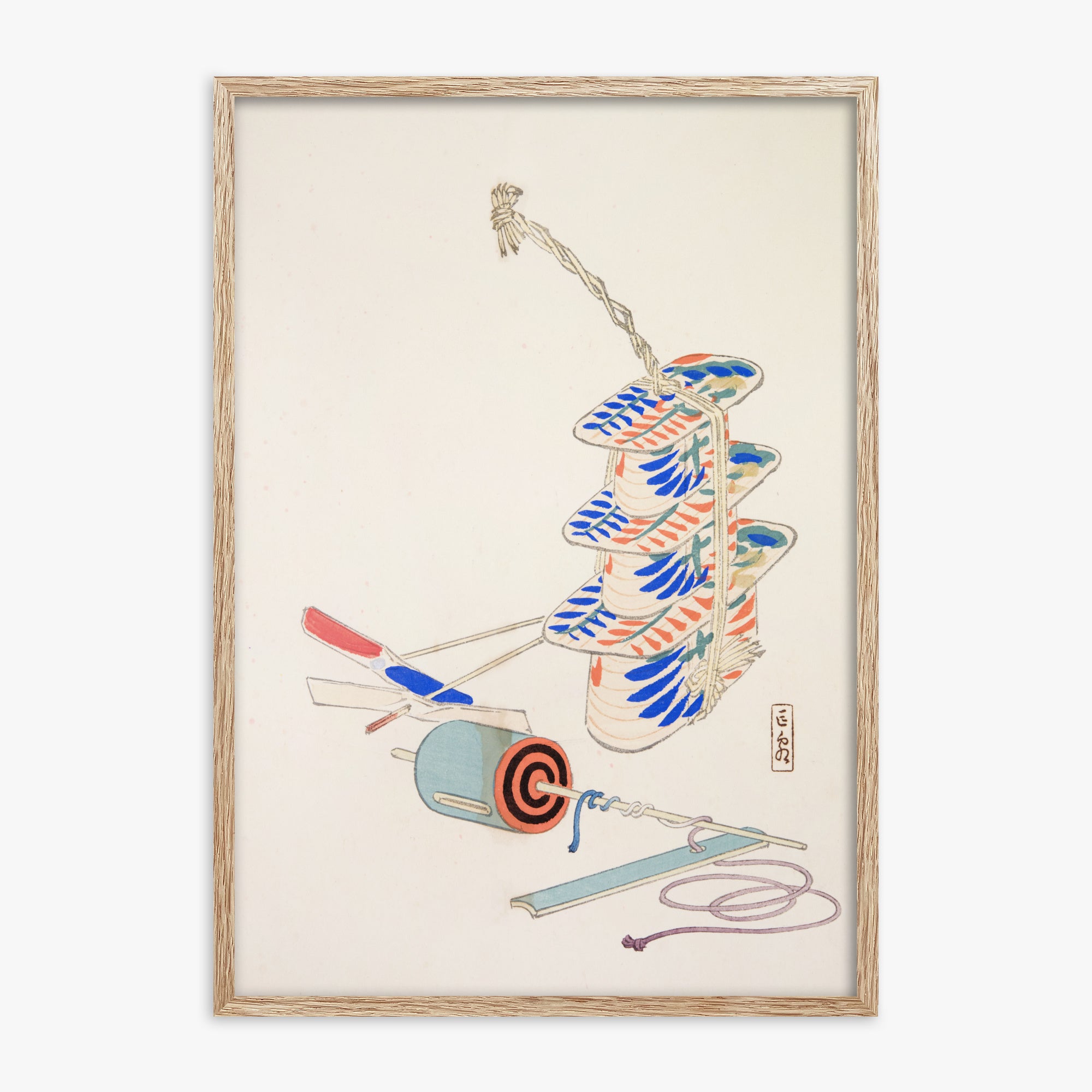 Kawasaki Kyosen: Kyosen’s Collected Illustrations of Japanese Toys Nr. 37 ("Nostalgic Winds: Japanese Childhood Treasures"), 70x100cm Framed Art Reproduction With Raw Oak Frame