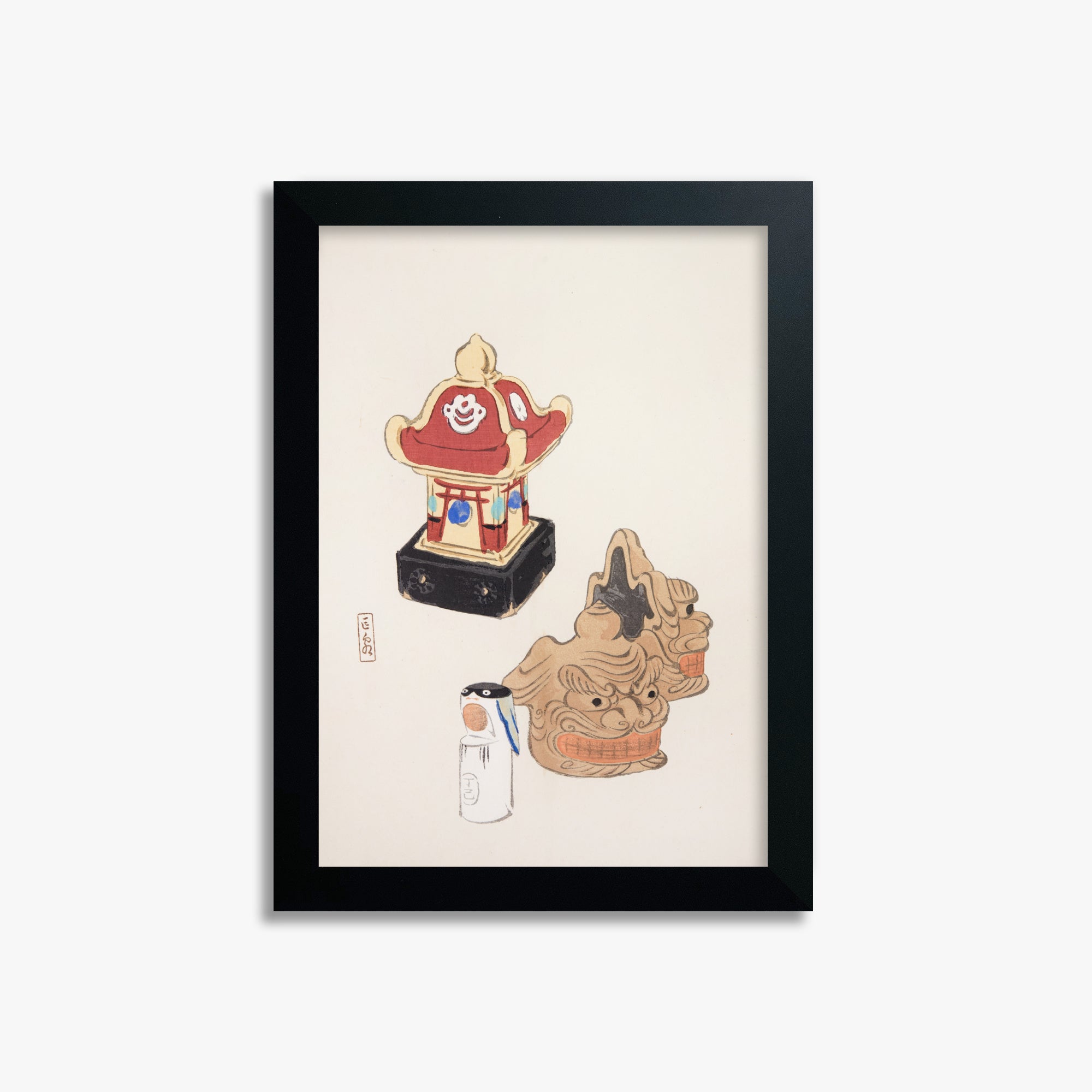 Kawasaki Kyosen: Kyosen’s Collected Illustrations of Japanese Toys Nr. 38 ("Shrine Guardian Duo"), 21x30cm Framed Art Reproduction With Black Frame