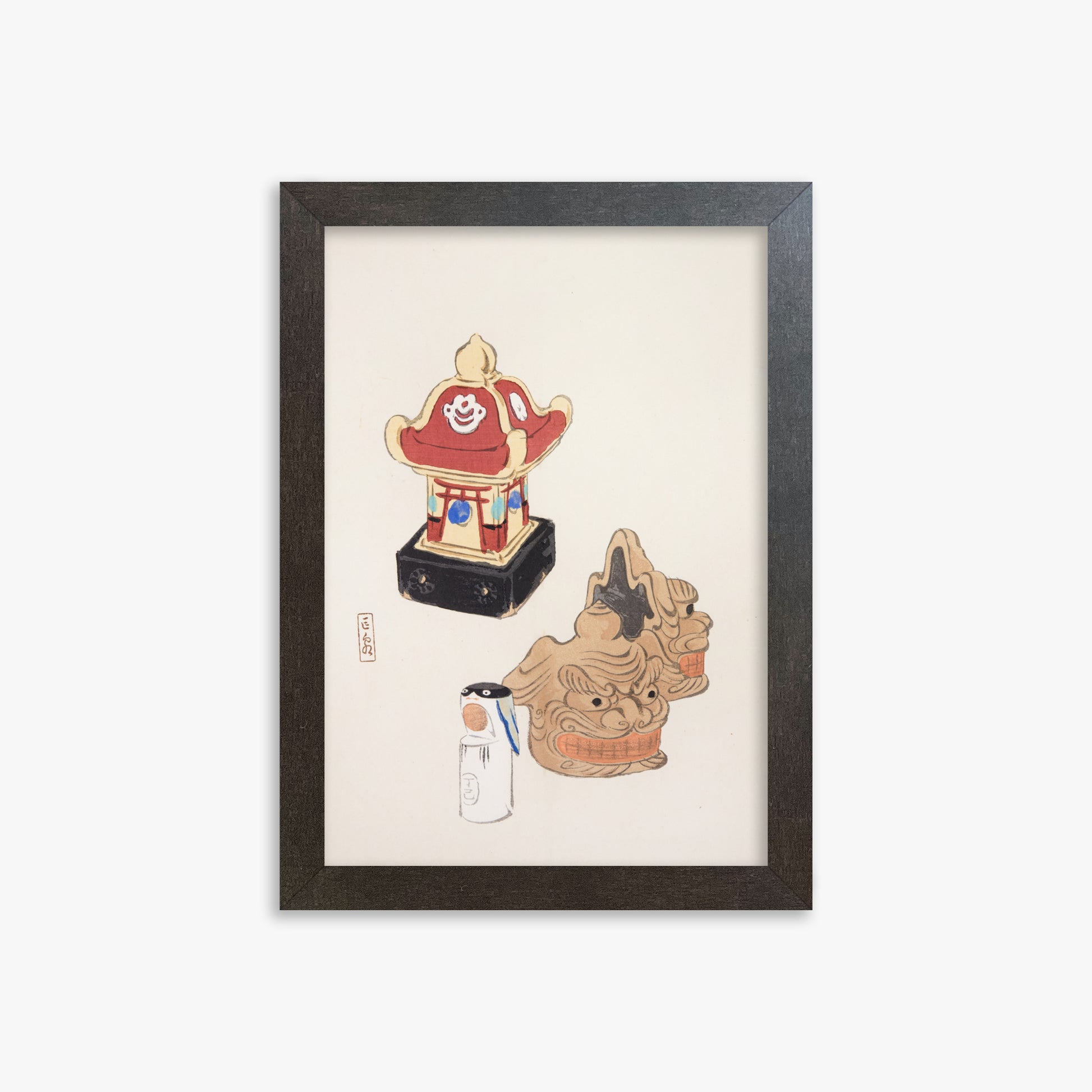 Kawasaki Kyosen: Kyosen’s Collected Illustrations of Japanese Toys Nr. 38 ("Shrine Guardian Duo"), 21x30cm Framed Art Reproduction With Espresso Frame