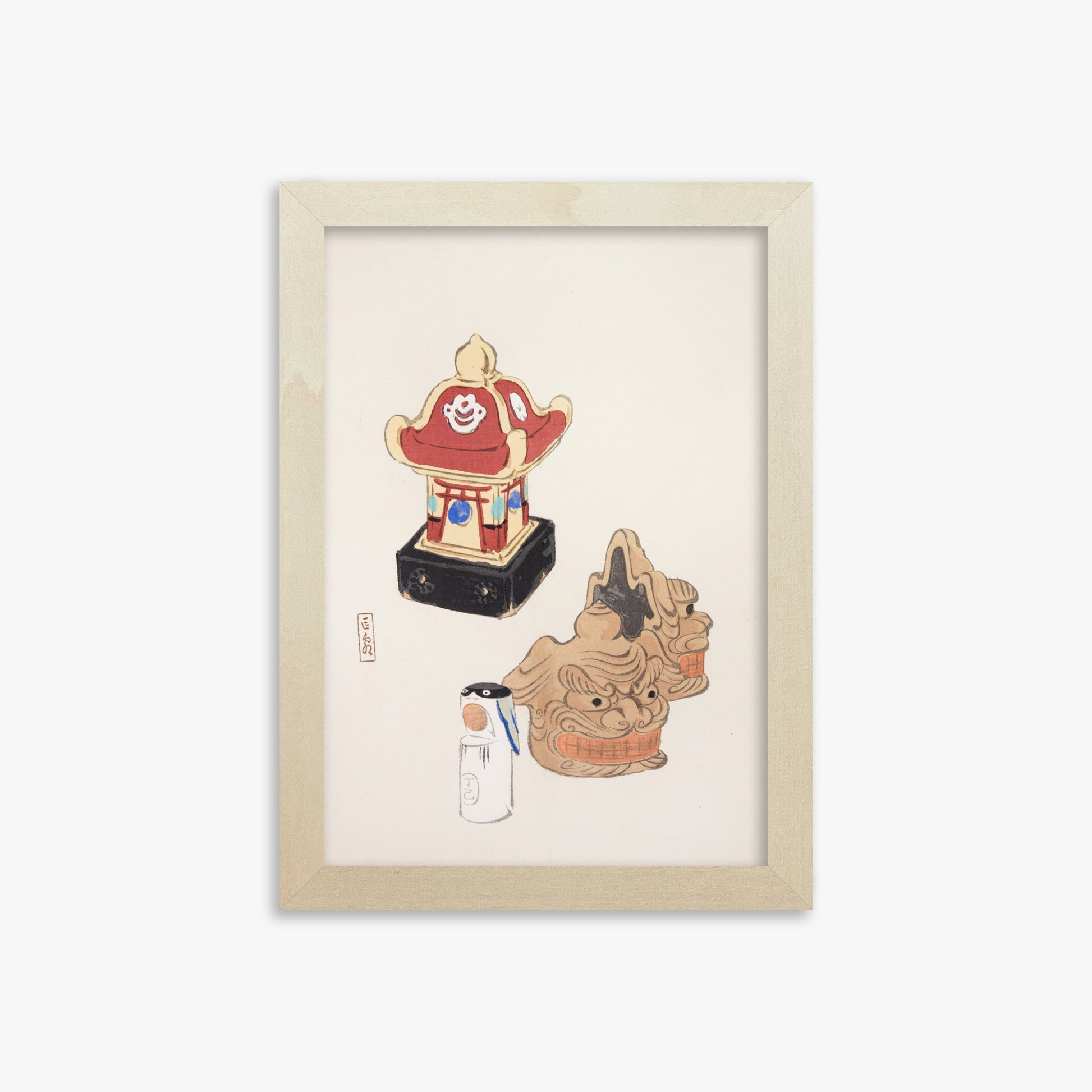 Kawasaki Kyosen: Kyosen’s Collected Illustrations of Japanese Toys Nr. 38 ("Shrine Guardian Duo"), 21x30cm Framed Art Reproduction With Lime Wood Frame
