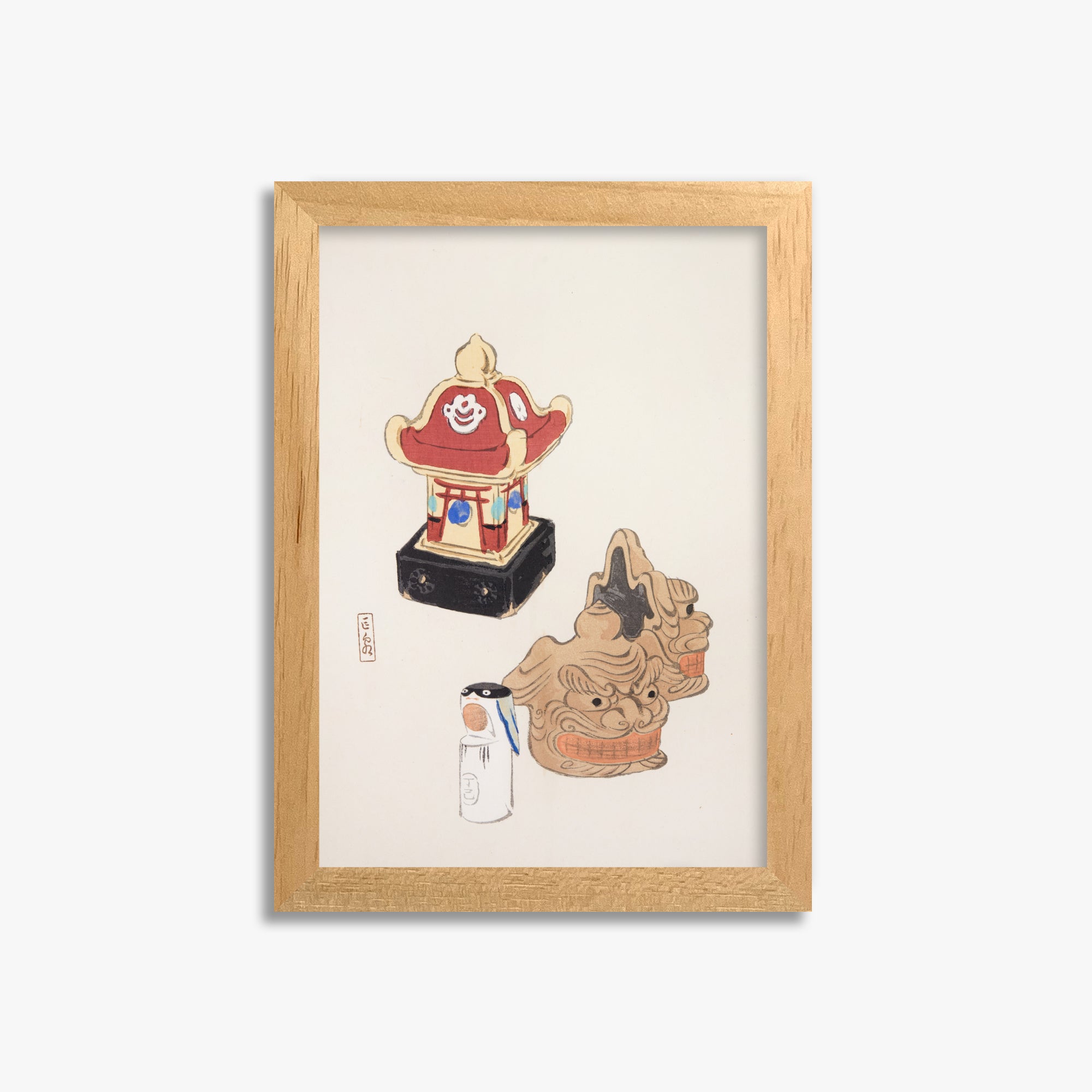 Kawasaki Kyosen: Kyosen’s Collected Illustrations of Japanese Toys Nr. 38 ("Shrine Guardian Duo"), 21x30cm Framed Art Reproduction With Oak Frame