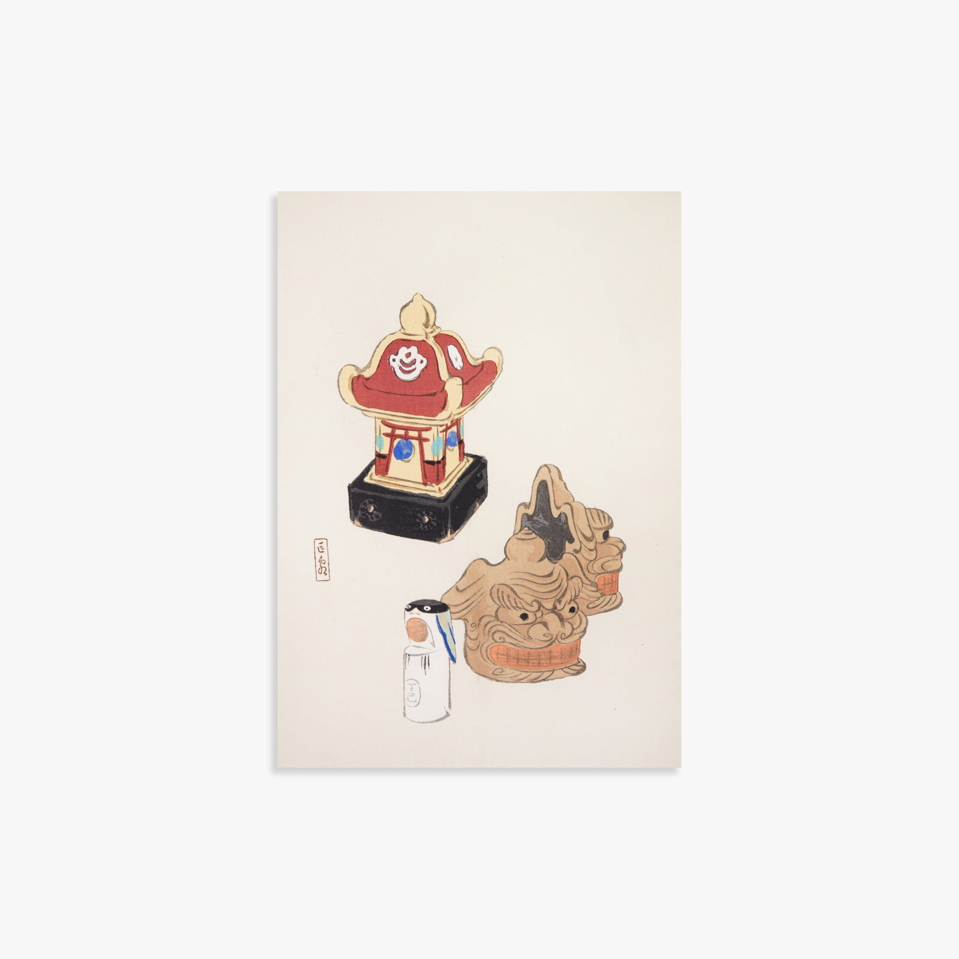 Kawasaki Kyosen: Kyosen’s Collected Illustrations of Japanese Toys Nr. 38 ("Shrine Guardian Duo"), 21x30cm Art Reproduction Unframed