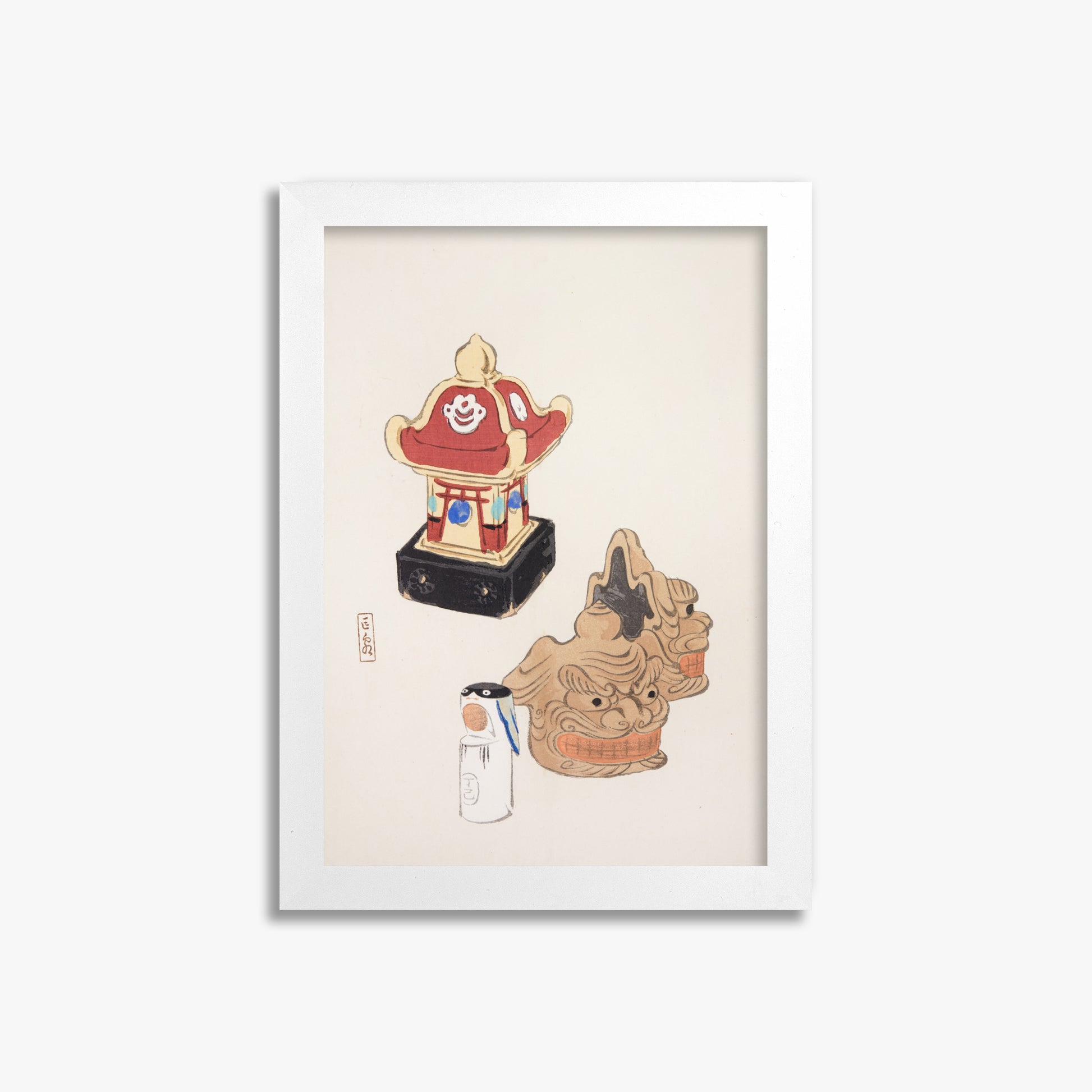 Kawasaki Kyosen: Kyosen’s Collected Illustrations of Japanese Toys Nr. 38 ("Shrine Guardian Duo"), 21x30cm Framed Art Reproduction With White Frame