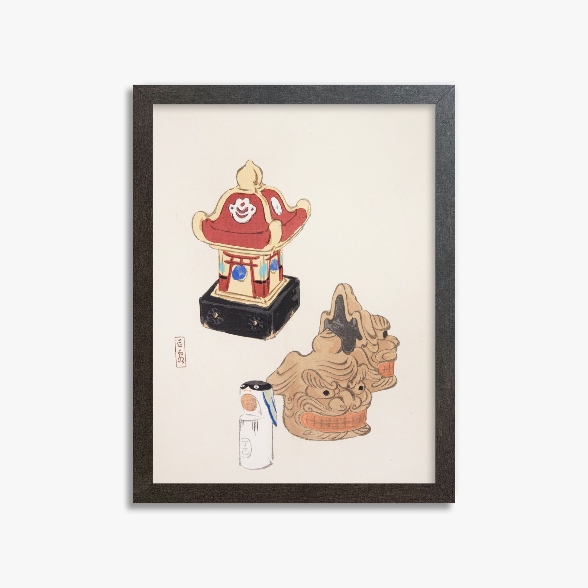 Kawasaki Kyosen: Kyosen’s Collected Illustrations of Japanese Toys Nr. 38 ("Shrine Guardian Duo"), 30x40cm Framed Art Reproduction With Espresso Frame