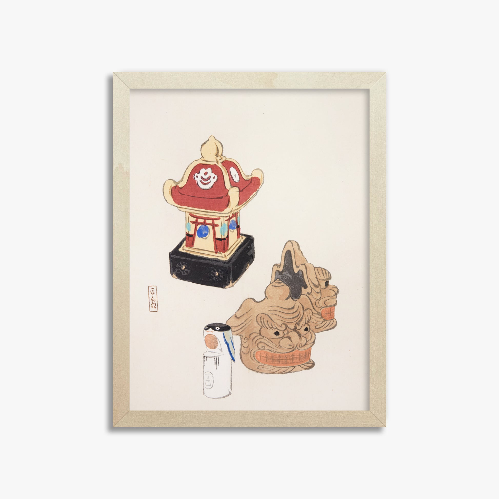 Kawasaki Kyosen: Kyosen’s Collected Illustrations of Japanese Toys Nr. 38 ("Shrine Guardian Duo"), 30x40cm Framed Art Reproduction With Lime Wood Frame