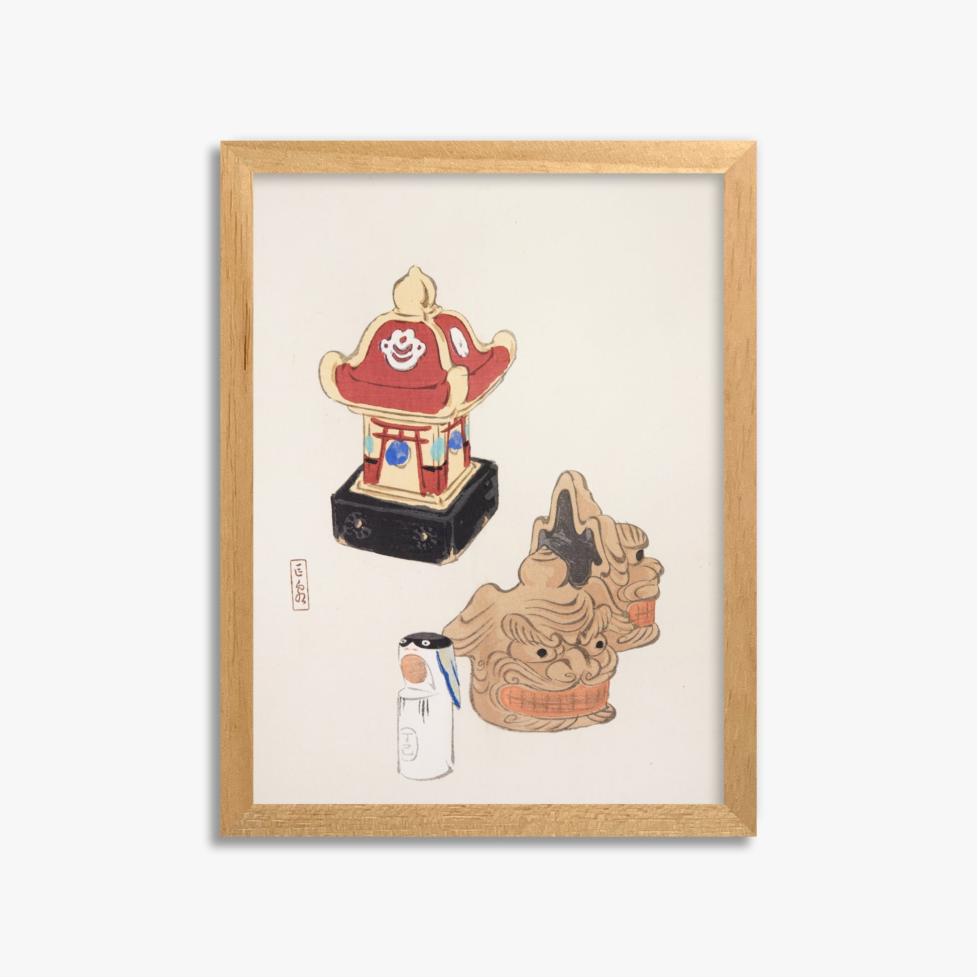 Kawasaki Kyosen: Kyosen’s Collected Illustrations of Japanese Toys Nr. 38 ("Shrine Guardian Duo"), 30x40cm Framed Art Reproduction With Oak Frame