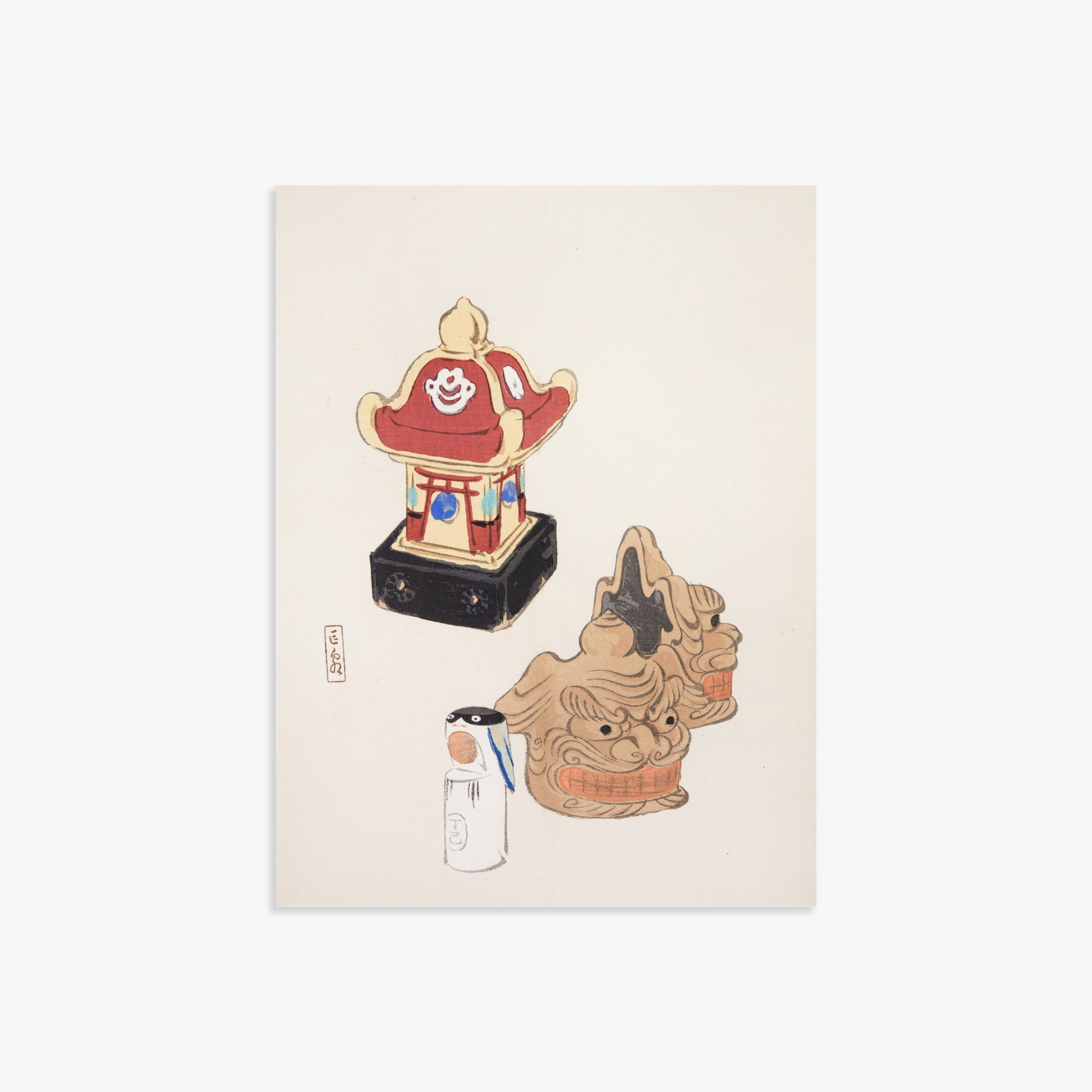 Kawasaki Kyosen: Kyosen’s Collected Illustrations of Japanese Toys Nr. 38 ("Shrine Guardian Duo"), 30x40cm Art Reproduction Unframed