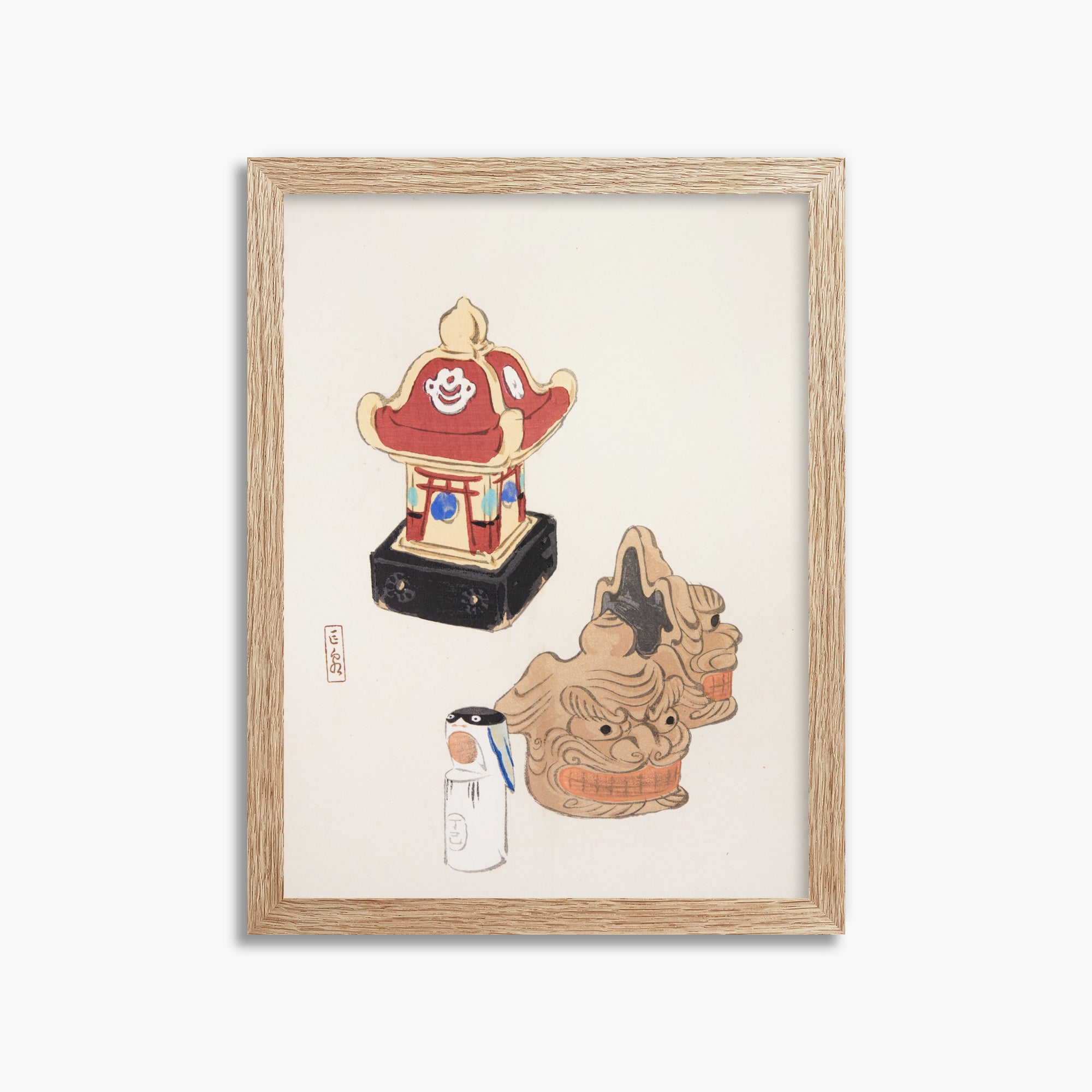 Kawasaki Kyosen: Kyosen’s Collected Illustrations of Japanese Toys Nr. 38 ("Shrine Guardian Duo"), 30x40cm Framed Art Reproduction With Raw Oak Frame