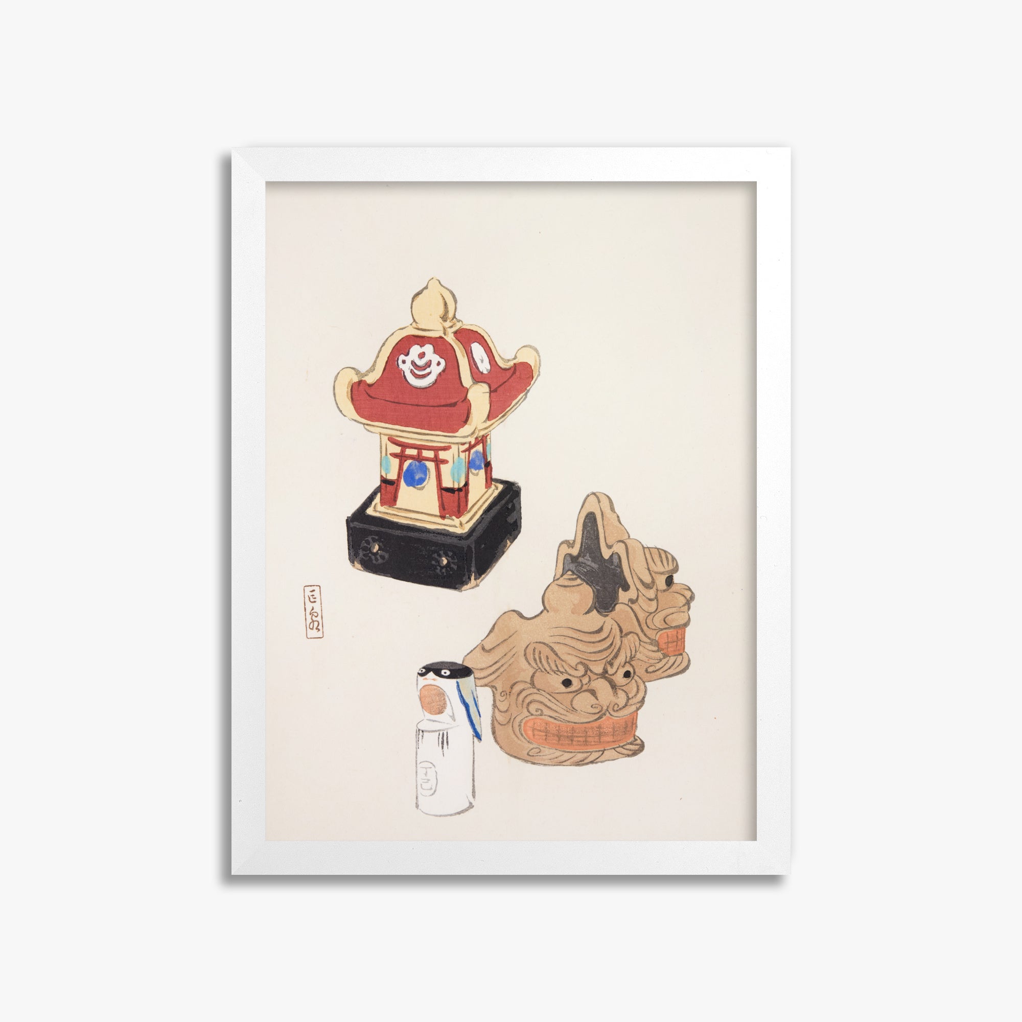 Kawasaki Kyosen: Kyosen’s Collected Illustrations of Japanese Toys Nr. 38 ("Shrine Guardian Duo"), 30x40cm Framed Art Reproduction With White Frame