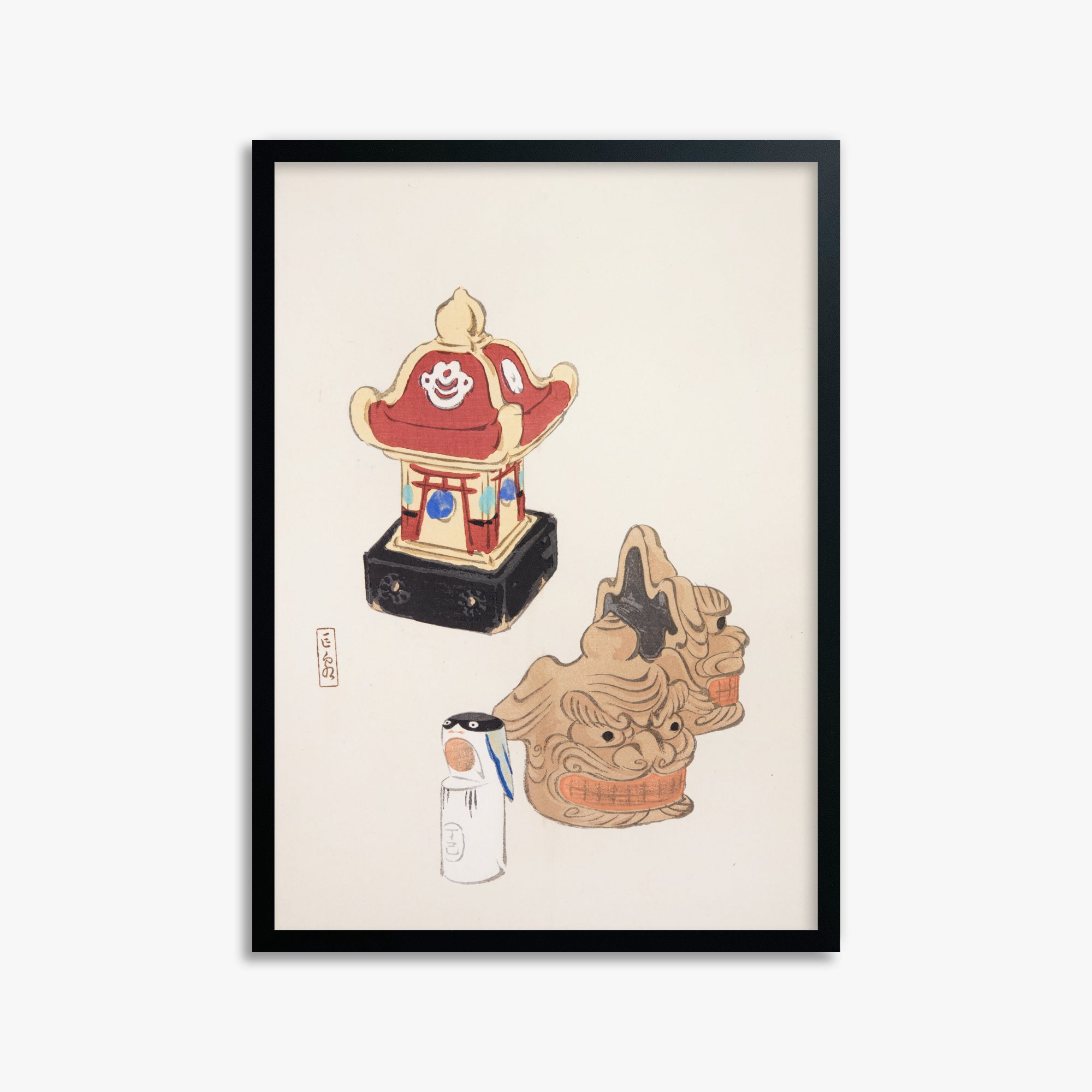 Kawasaki Kyosen: Kyosen’s Collected Illustrations of Japanese Toys Nr. 38 ("Shrine Guardian Duo"), 50x70cm Framed Art Reproduction With Black Frame