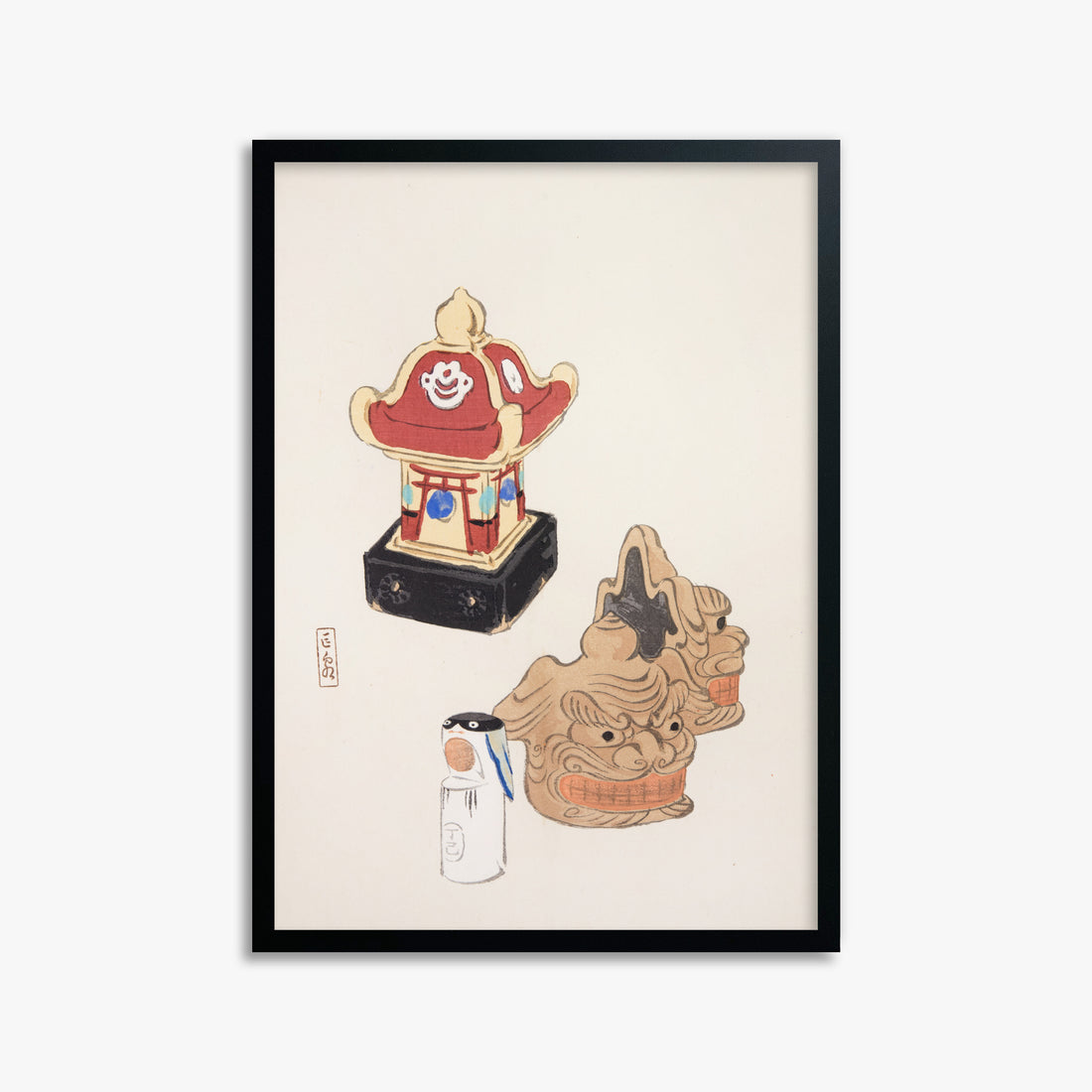 Kawasaki Kyosen: Kyosen’s Collected Illustrations of Japanese Toys Nr. 38 ("Shrine Guardian Duo"), 50x70cm Framed Art Reproduction With Black Frame