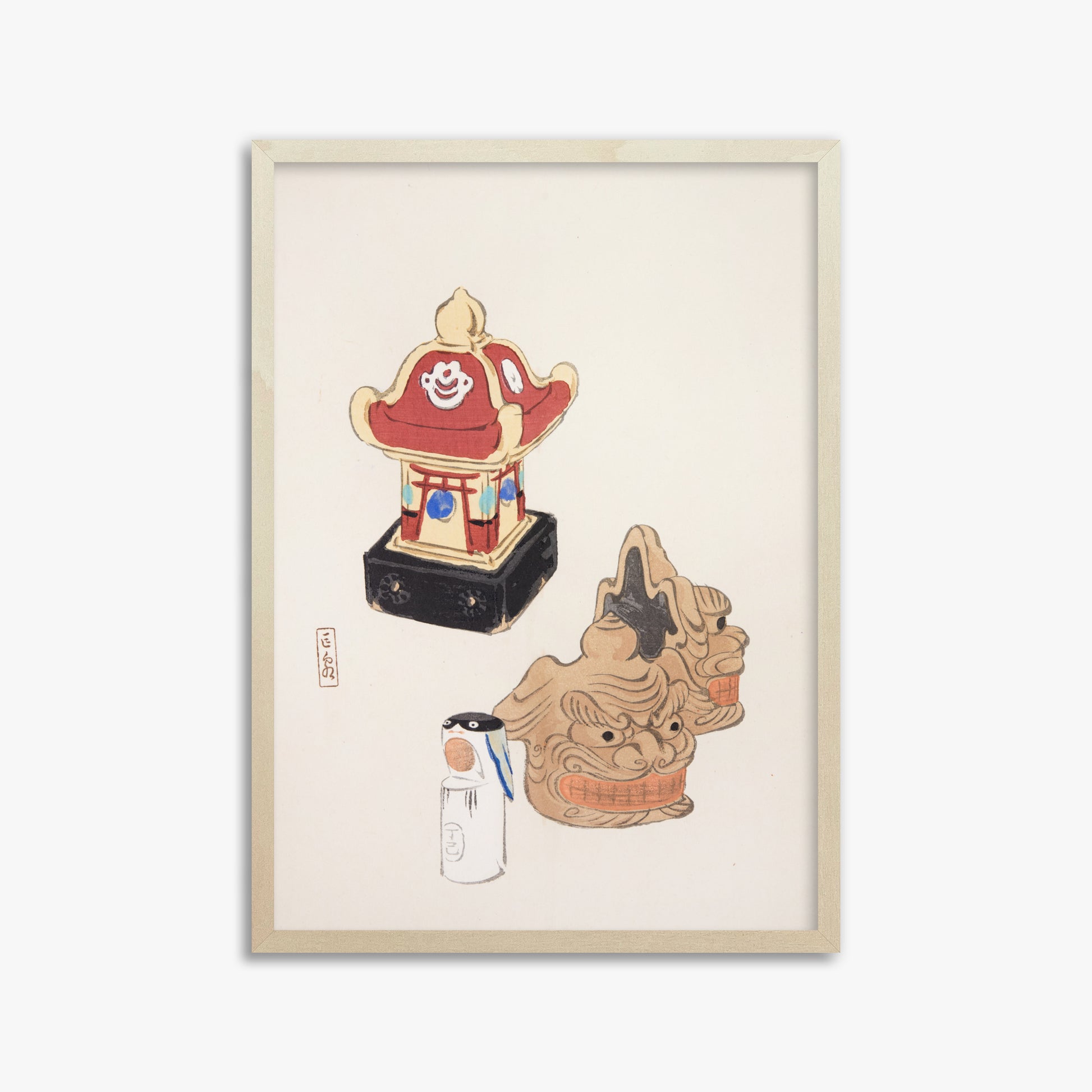 Kawasaki Kyosen: Kyosen’s Collected Illustrations of Japanese Toys Nr. 38 ("Shrine Guardian Duo"), 50x70cm Framed Art Reproduction With Lime Wood Frame