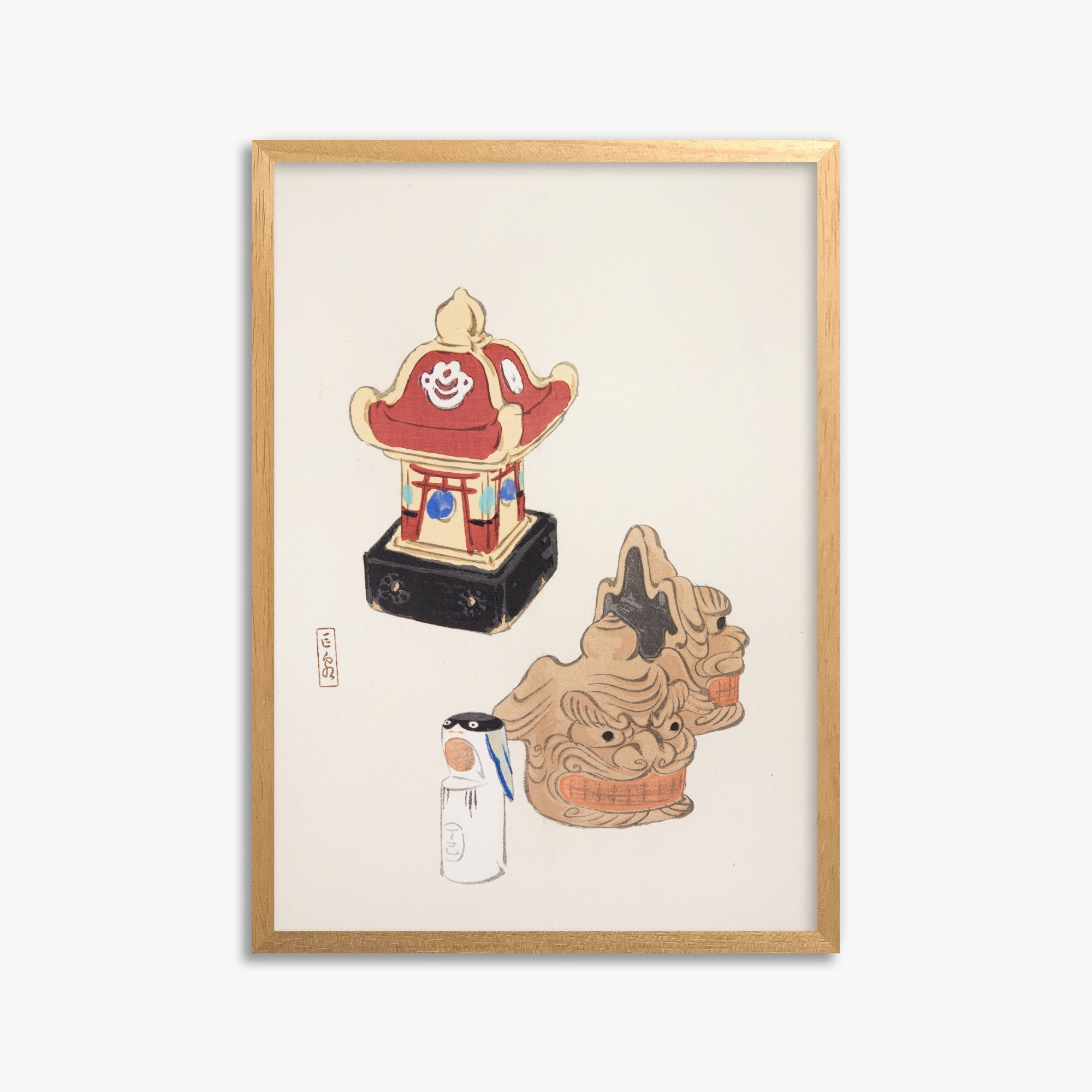 Kawasaki Kyosen: Kyosen’s Collected Illustrations of Japanese Toys Nr. 38 ("Shrine Guardian Duo"), 50x70cm Framed Art Reproduction With Oak Frame