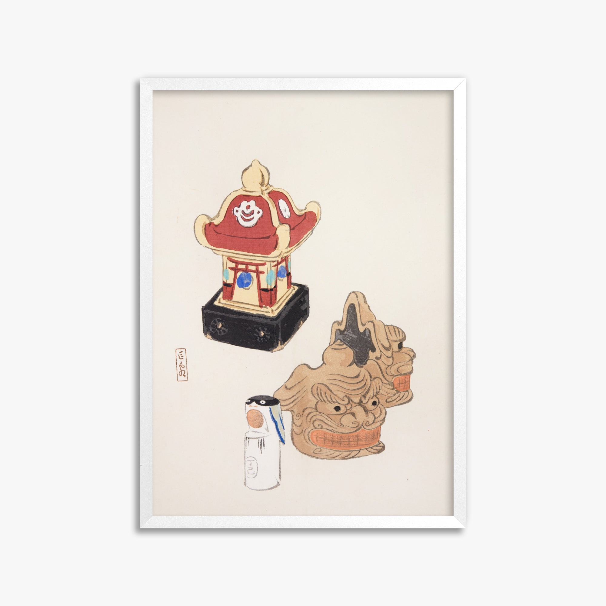 Kawasaki Kyosen: Kyosen’s Collected Illustrations of Japanese Toys Nr. 38 ("Shrine Guardian Duo"), 50x70cm Framed Art Reproduction With White Frame