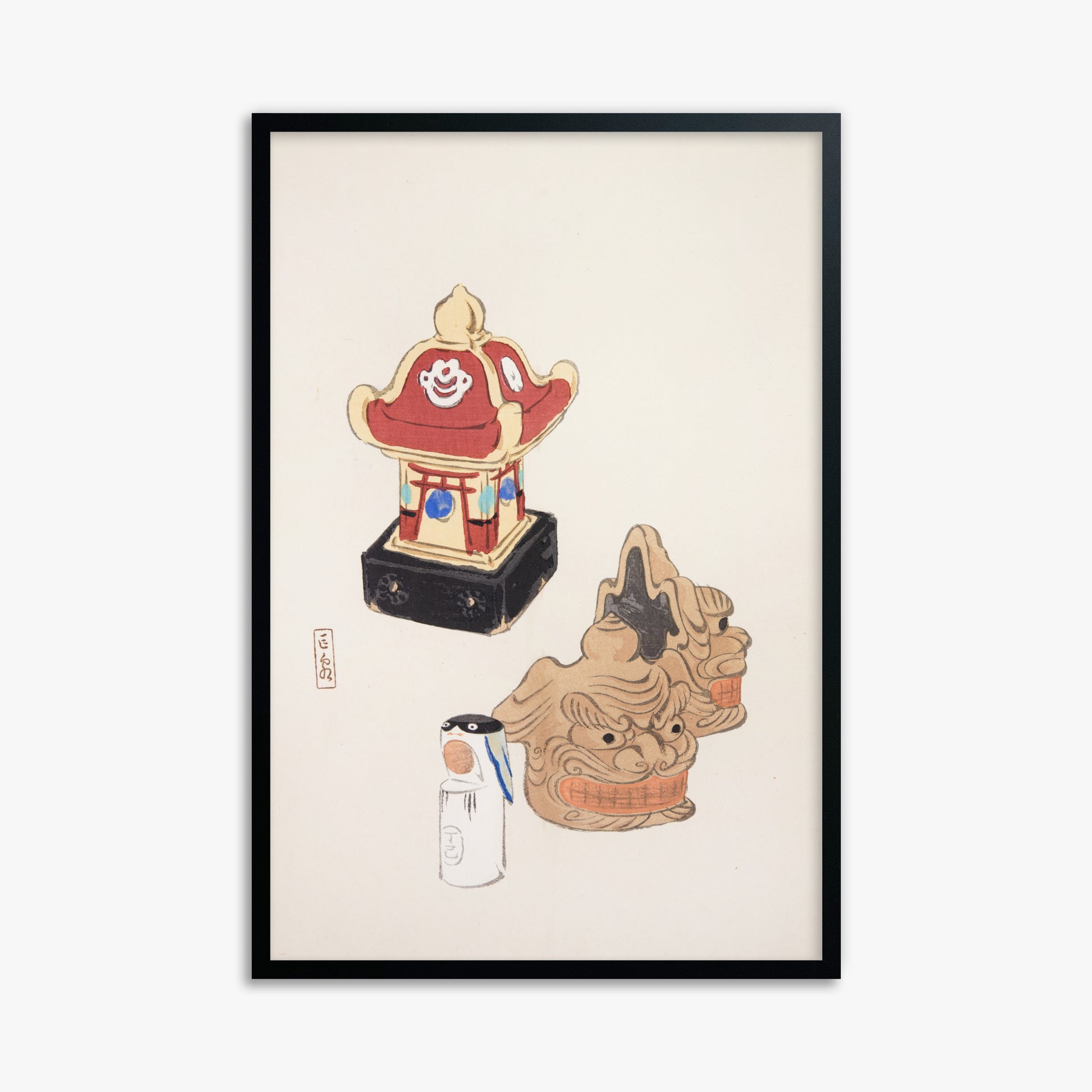 Kawasaki Kyosen: Kyosen’s Collected Illustrations of Japanese Toys Nr. 38 ("Shrine Guardian Duo"), 61x91cm Framed Art Reproduction With Black Frame