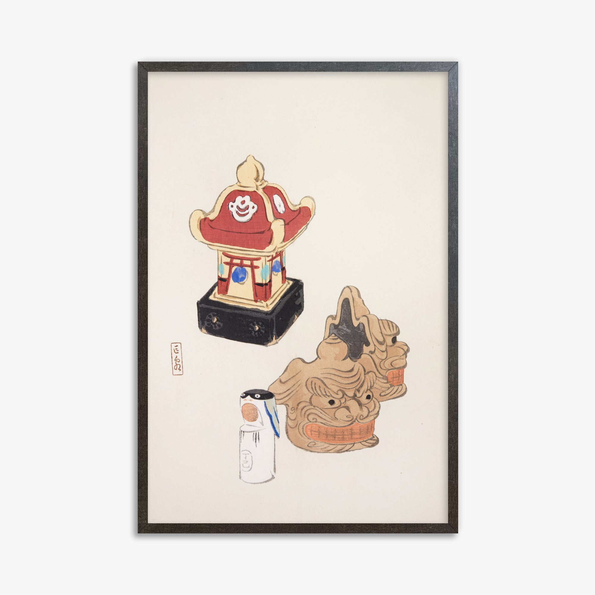 Kawasaki Kyosen: Kyosen’s Collected Illustrations of Japanese Toys Nr. 38 ("Shrine Guardian Duo"), 61x91cm Framed Art Reproduction With Espresso Frame