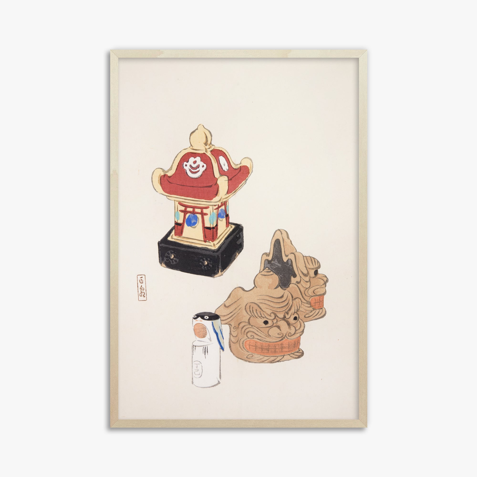 Kawasaki Kyosen: Kyosen’s Collected Illustrations of Japanese Toys Nr. 38 ("Shrine Guardian Duo"), 61x91cm Framed Art Reproduction With Lime Wood Frame