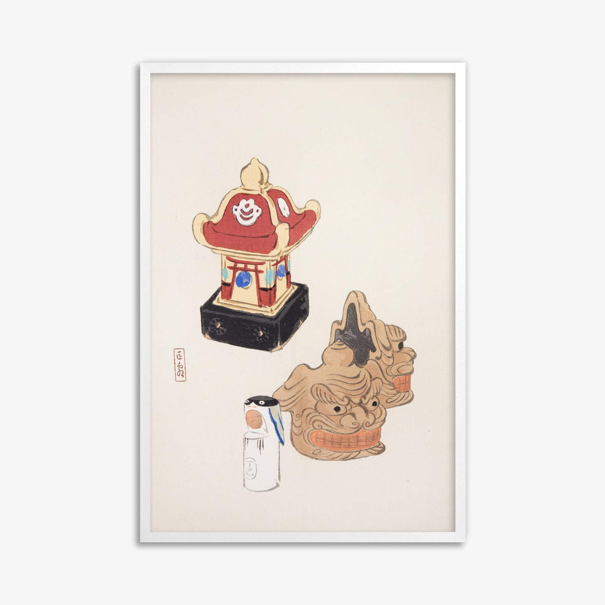 Kawasaki Kyosen: Kyosen’s Collected Illustrations of Japanese Toys Nr. 38 ("Shrine Guardian Duo"), 61x91cm Framed Art Reproduction With White Frame