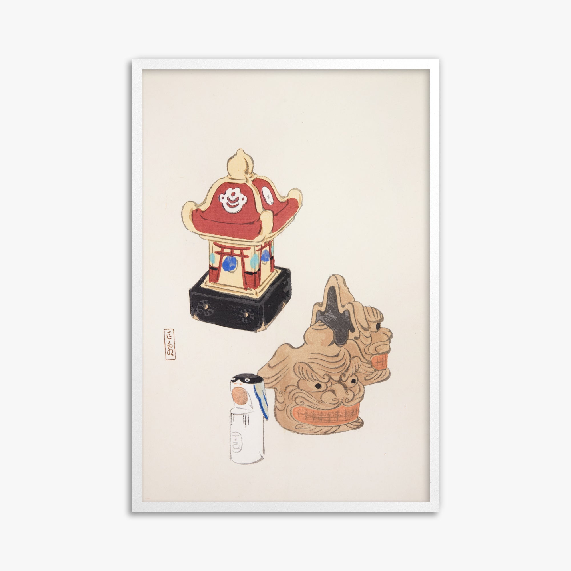 Kawasaki Kyosen: Kyosen’s Collected Illustrations of Japanese Toys Nr. 38 ("Shrine Guardian Duo"), 61x91cm Framed Art Reproduction With White Frame