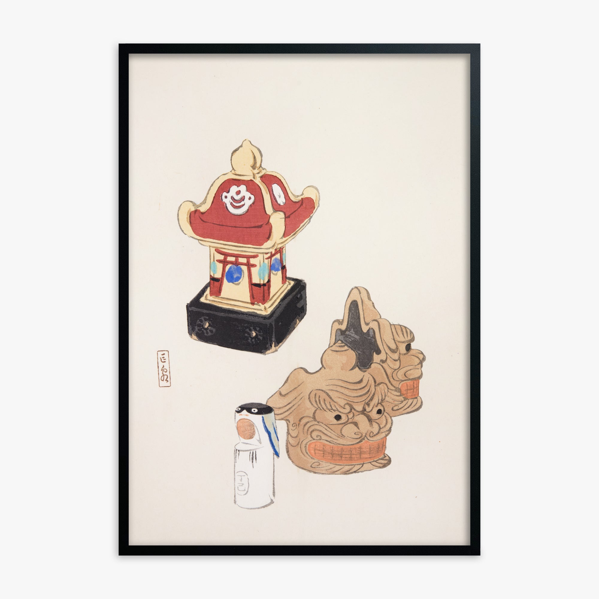 Kawasaki Kyosen: Kyosen’s Collected Illustrations of Japanese Toys Nr. 38 ("Shrine Guardian Duo"), Black Framed Art Reproduction With Black Frame
