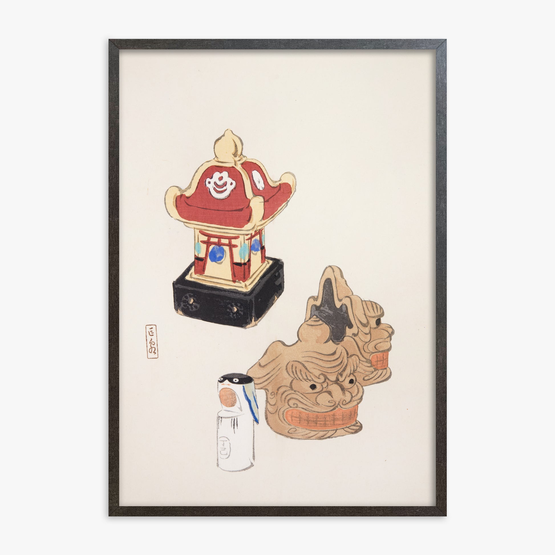 Kawasaki Kyosen: Kyosen’s Collected Illustrations of Japanese Toys Nr. 38 ("Shrine Guardian Duo"), 70x100cm Framed Art Reproduction With Espresso Frame