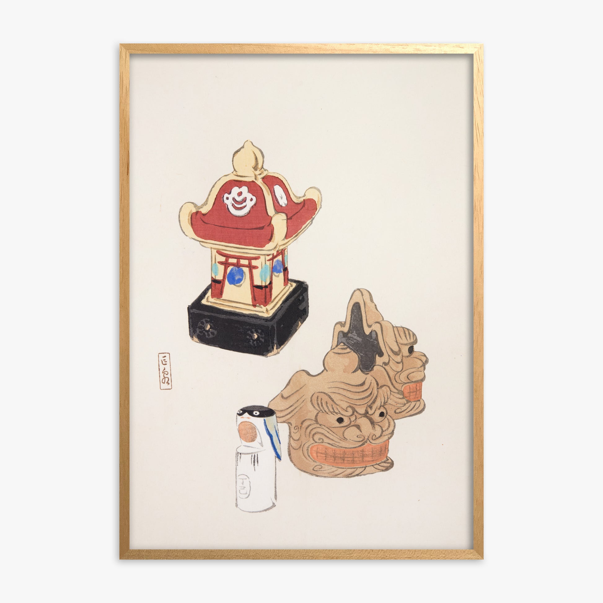 Kawasaki Kyosen: Kyosen’s Collected Illustrations of Japanese Toys Nr. 38 ("Shrine Guardian Duo"), Oak Framed Art Reproduction With Oak Frame