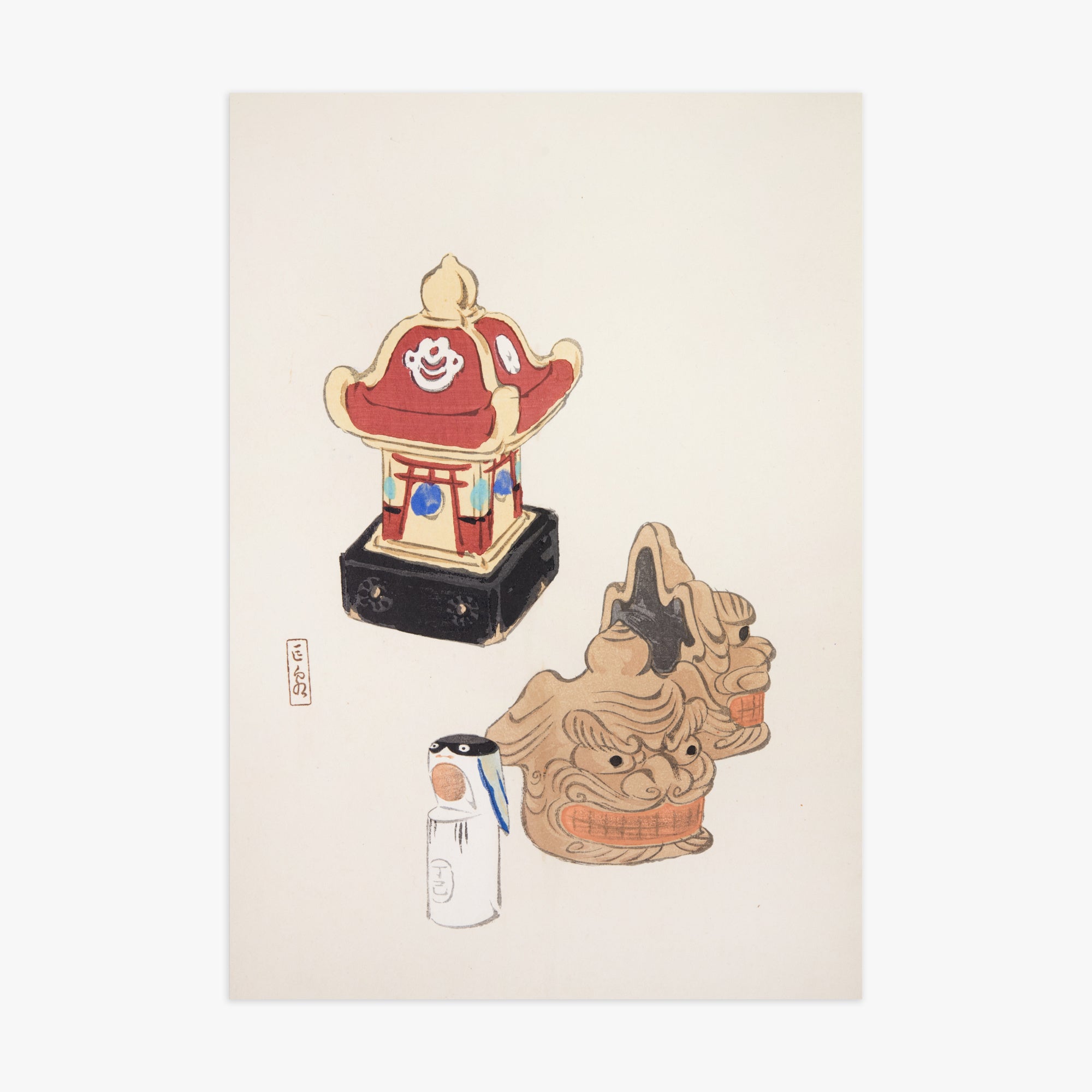 Kawasaki Kyosen: Kyosen’s Collected Illustrations of Japanese Toys Nr. 38 ("Shrine Guardian Duo"), 70x100cm Art Reproduction Unframed