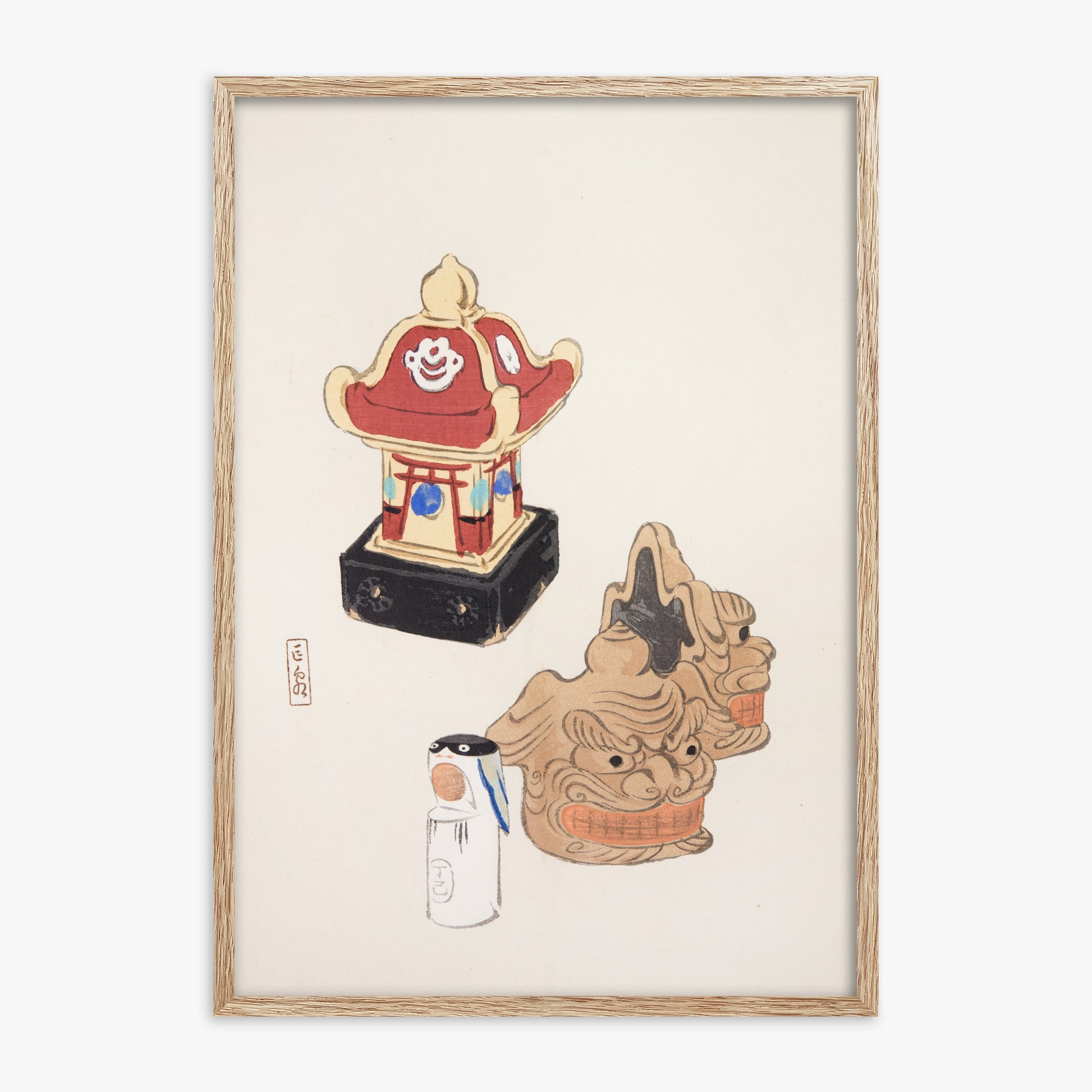 Kawasaki Kyosen: Kyosen’s Collected Illustrations of Japanese Toys Nr. 38 ("Shrine Guardian Duo"), 70x100cm Framed Art Reproduction With Raw Oak Frame