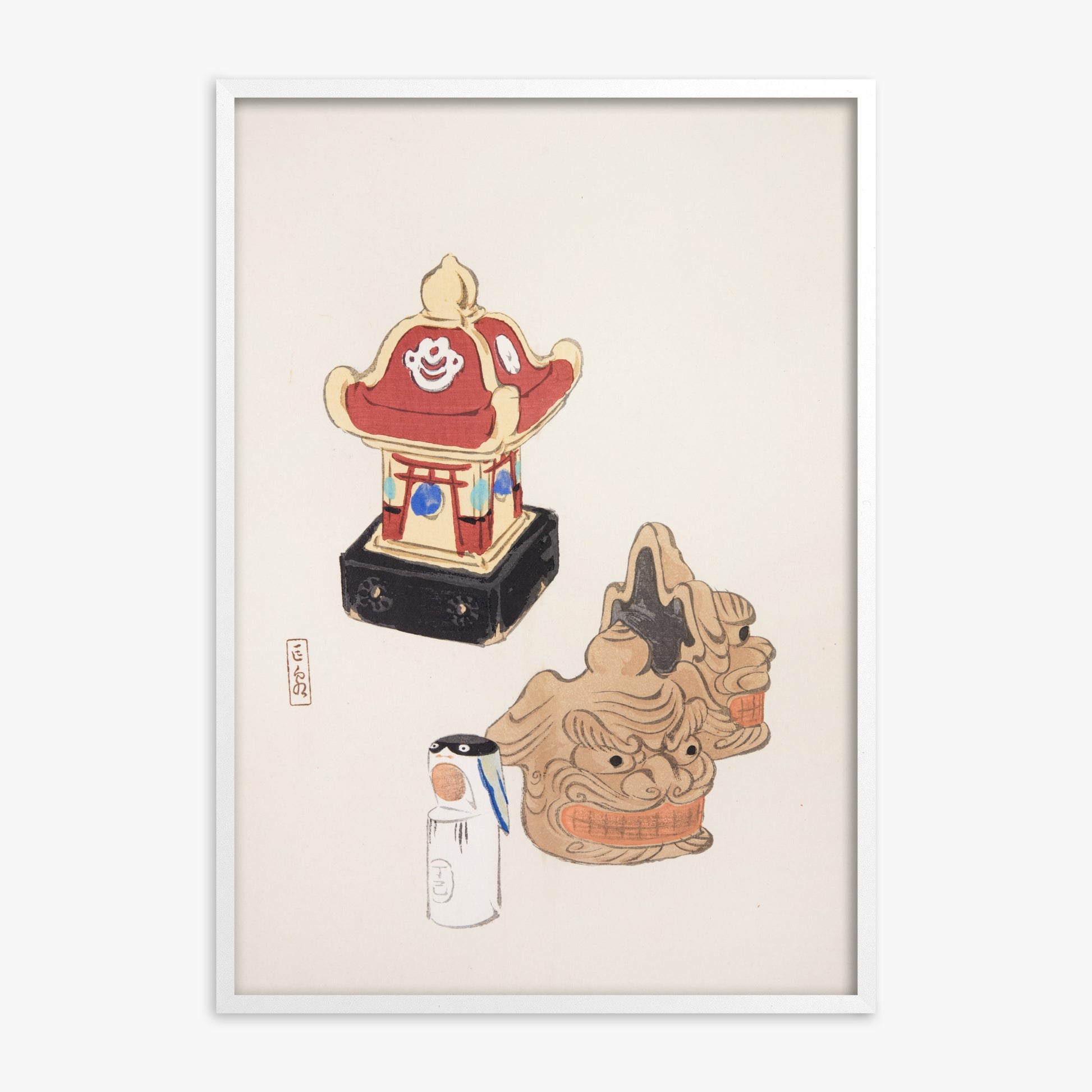 Kawasaki Kyosen: Kyosen’s Collected Illustrations of Japanese Toys Nr. 38 ("Shrine Guardian Duo"), White Framed Art Reproduction With White Frame