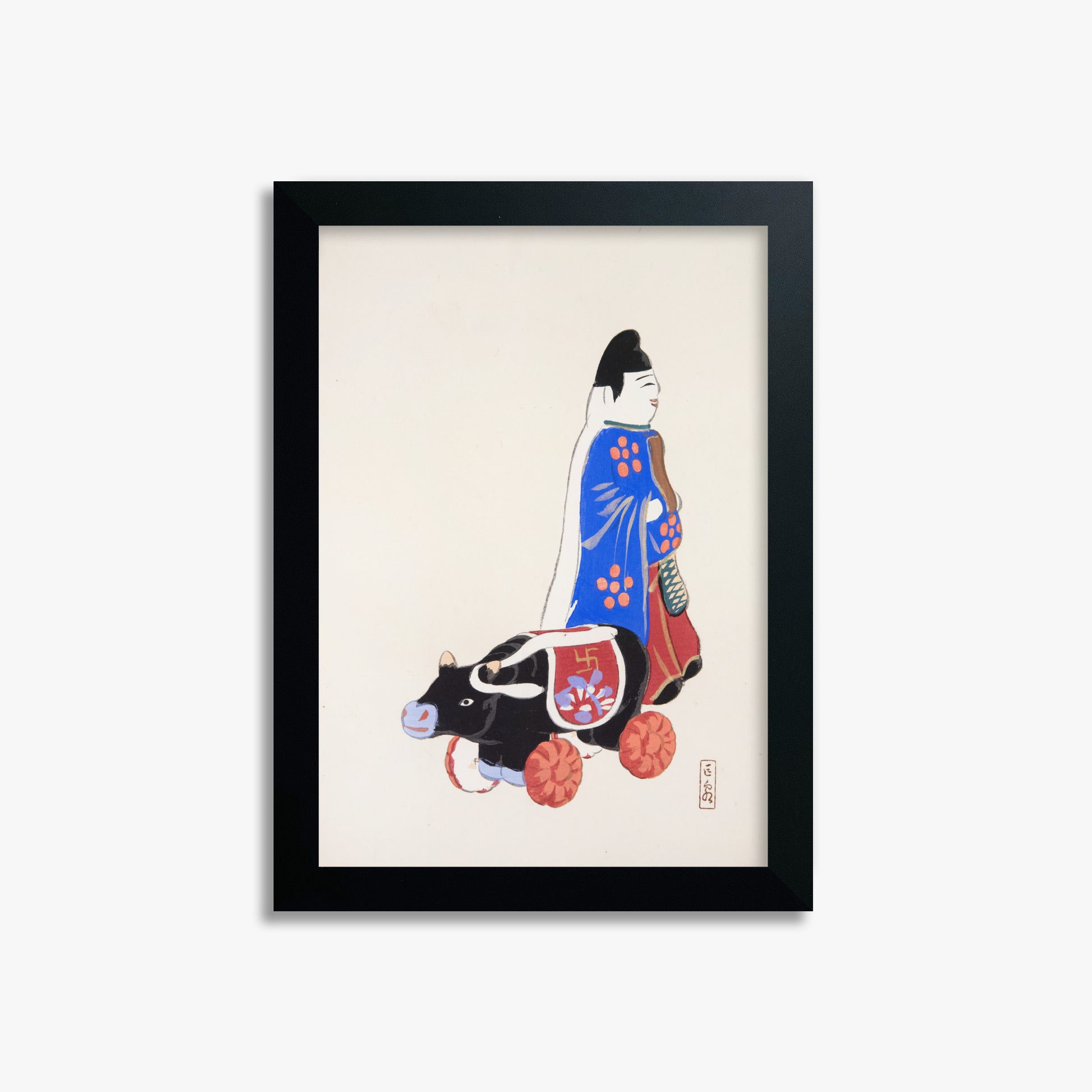 Kawasaki Kyosen: Kyosen’s Collected Illustrations of Japanese Toys Nr. 39 ("Ancient Companion: Japanese Pastoral Toy"), 21x30cm Framed Art Reproduction With Black Frame