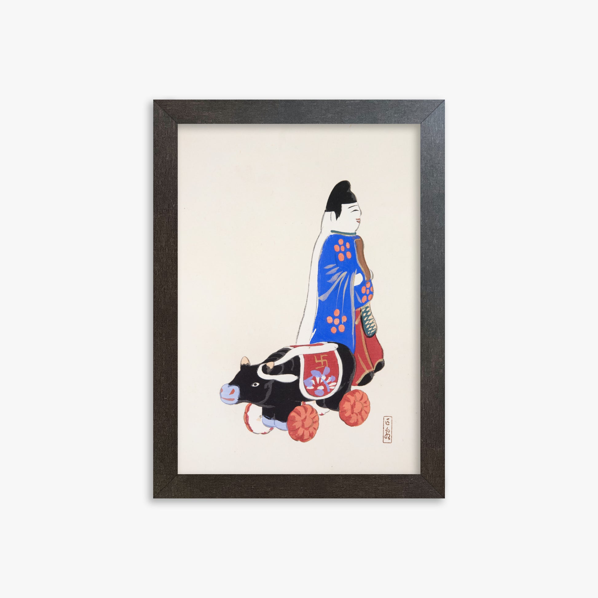 Kawasaki Kyosen: Kyosen’s Collected Illustrations of Japanese Toys Nr. 39 ("Ancient Companion: Japanese Pastoral Toy"), 21x30cm Framed Art Reproduction With Espresso Frame