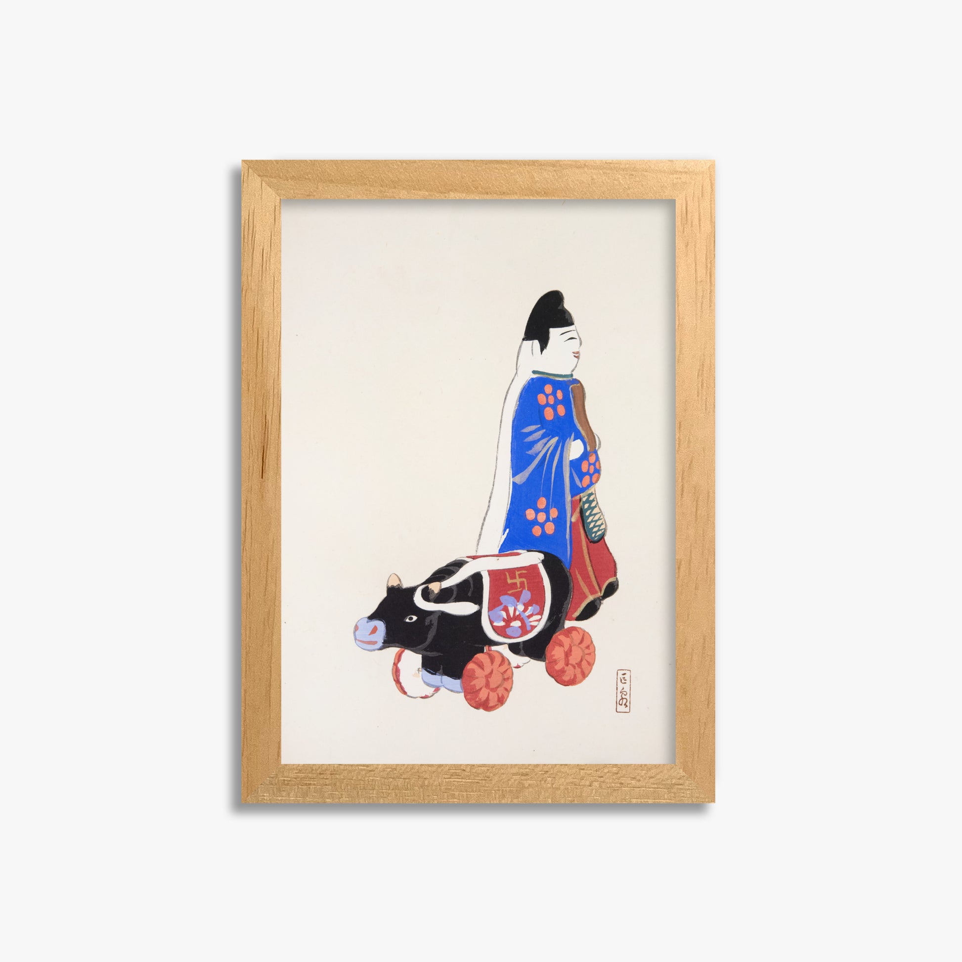 Kawasaki Kyosen: Kyosen’s Collected Illustrations of Japanese Toys Nr. 39 ("Ancient Companion: Japanese Pastoral Toy"), 21x30cm Framed Art Reproduction With Oak Frame