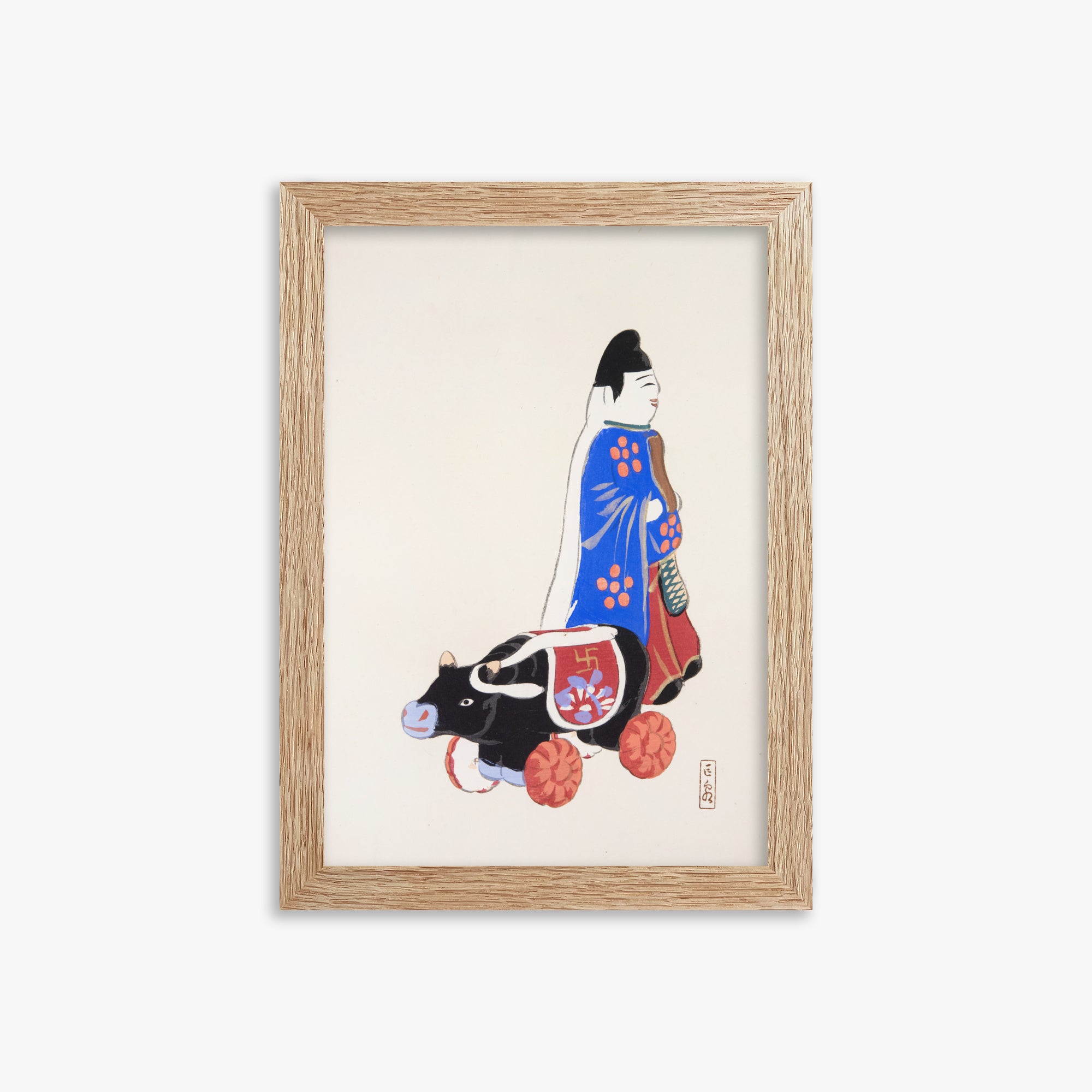 Kawasaki Kyosen: Kyosen’s Collected Illustrations of Japanese Toys Nr. 39 ("Ancient Companion: Japanese Pastoral Toy"), 21x30cm Framed Art Reproduction With Raw Oak Frame