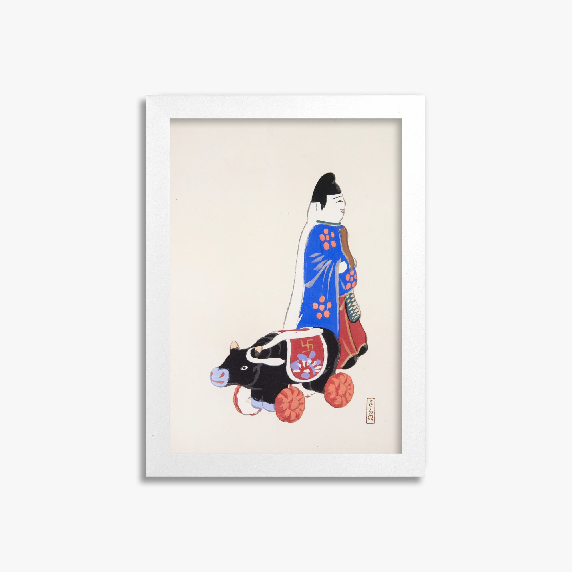 Kawasaki Kyosen: Kyosen’s Collected Illustrations of Japanese Toys Nr. 39 ("Ancient Companion: Japanese Pastoral Toy"), 21x30cm Framed Art Reproduction With White Frame