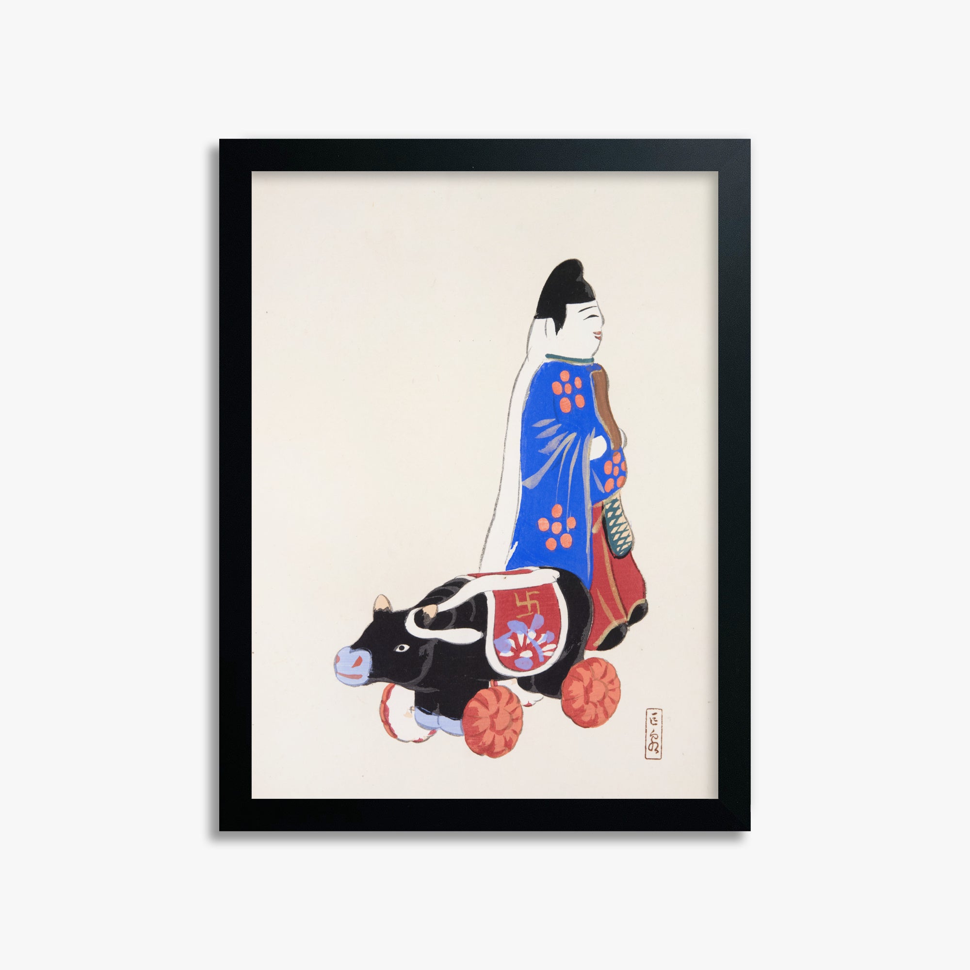 Kawasaki Kyosen: Kyosen’s Collected Illustrations of Japanese Toys Nr. 39 ("Ancient Companion: Japanese Pastoral Toy"), 30x40cm Framed Art Reproduction With Black Frame