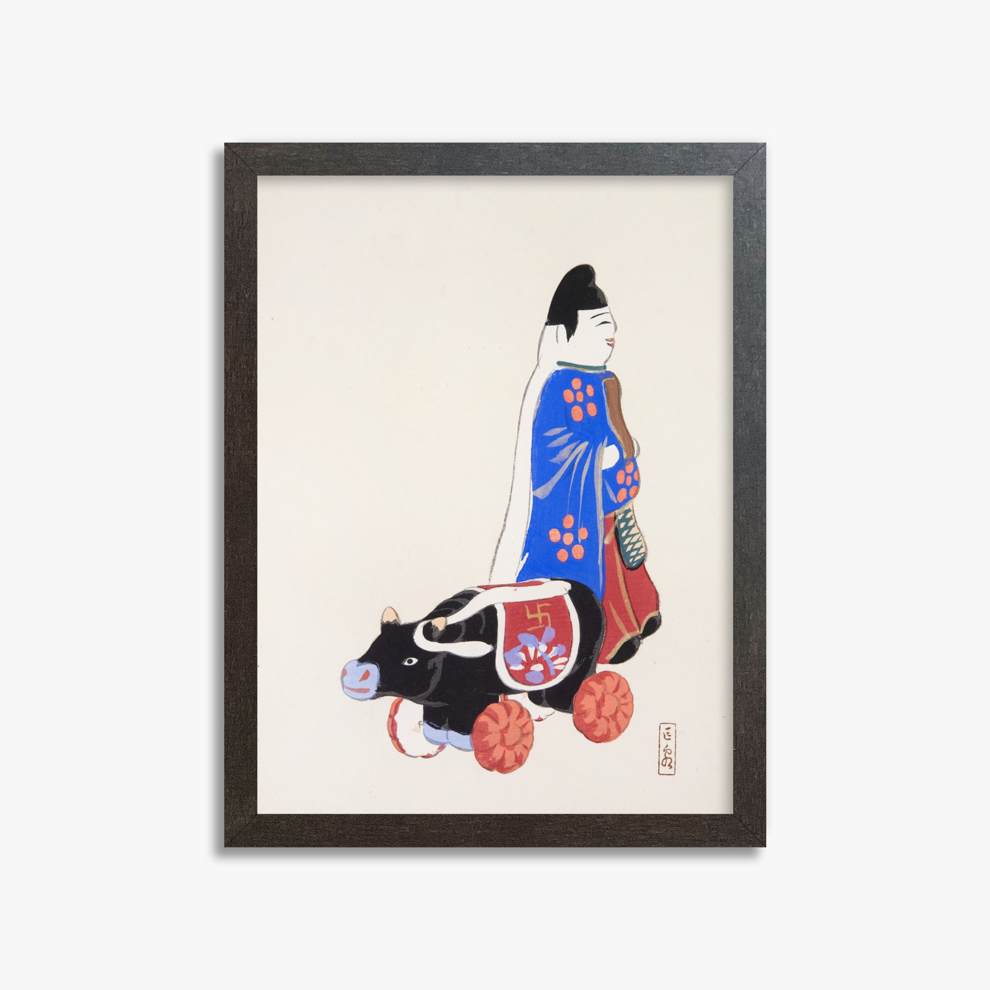 Kawasaki Kyosen: Kyosen’s Collected Illustrations of Japanese Toys Nr. 39 ("Ancient Companion: Japanese Pastoral Toy"), 30x40cm Framed Art Reproduction With Espresso Frame