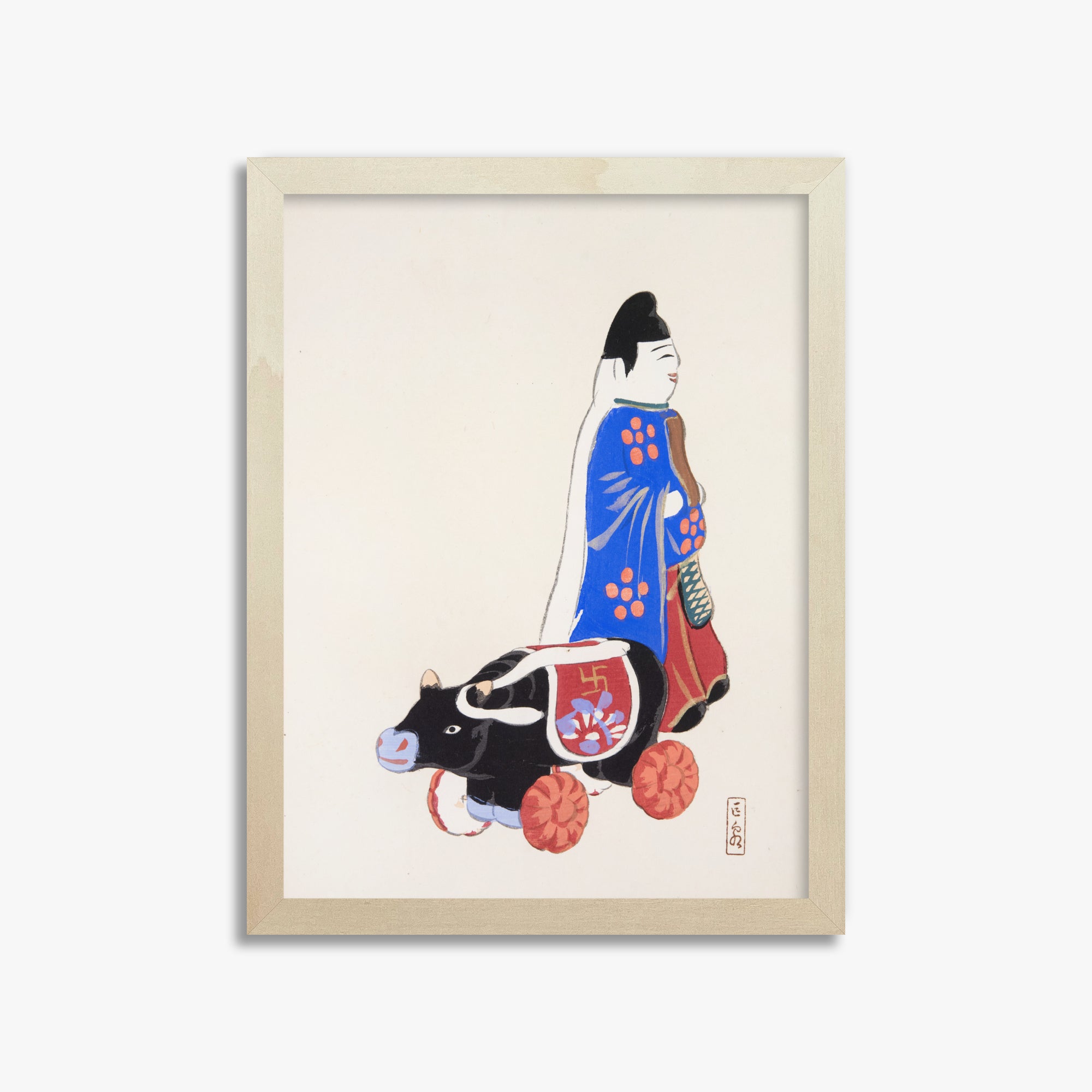 Kawasaki Kyosen: Kyosen’s Collected Illustrations of Japanese Toys Nr. 39 ("Ancient Companion: Japanese Pastoral Toy"), 30x40cm Framed Art Reproduction With Lime Wood Frame
