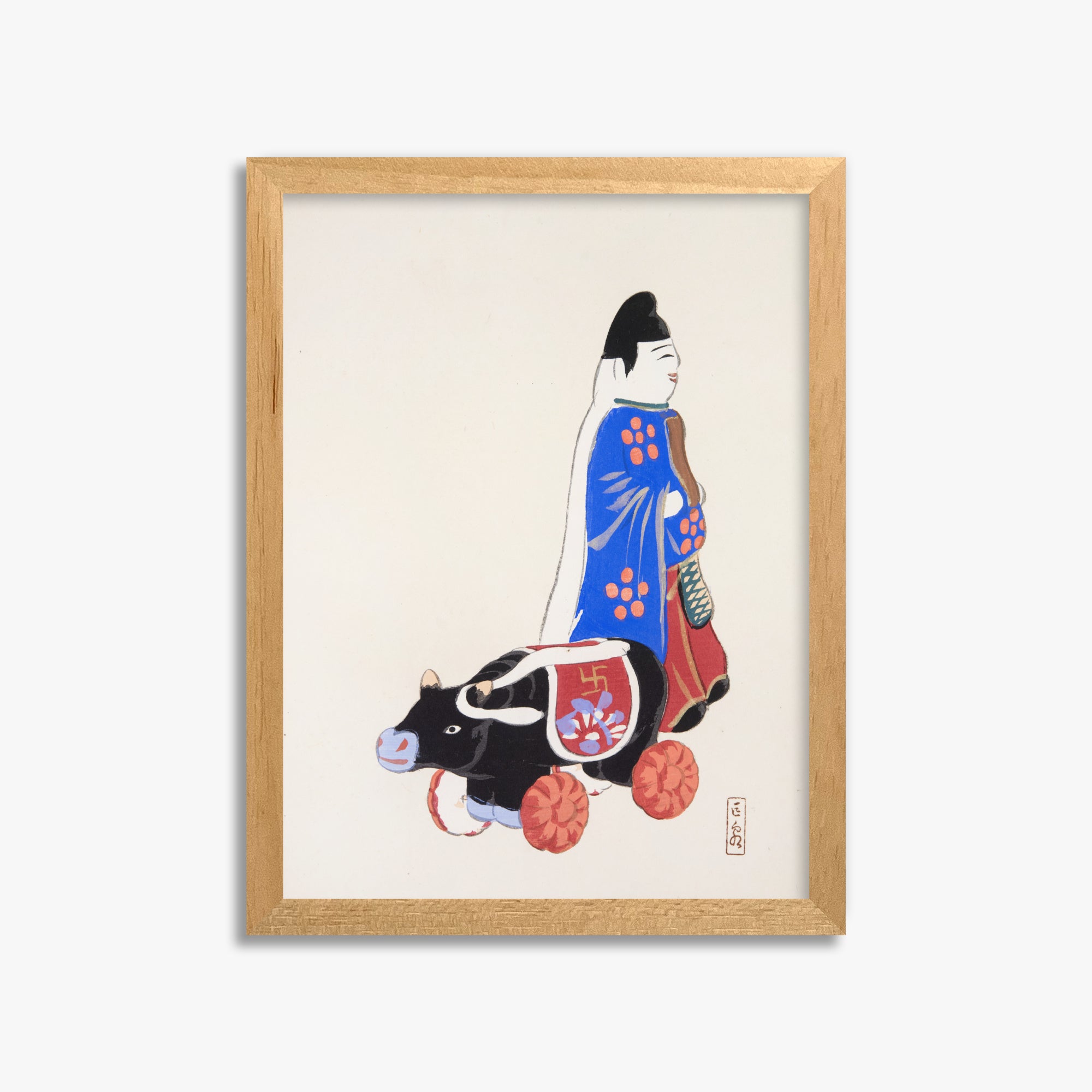 Kawasaki Kyosen: Kyosen’s Collected Illustrations of Japanese Toys Nr. 39 ("Ancient Companion: Japanese Pastoral Toy"), 30x40cm Framed Art Reproduction With Oak Frame