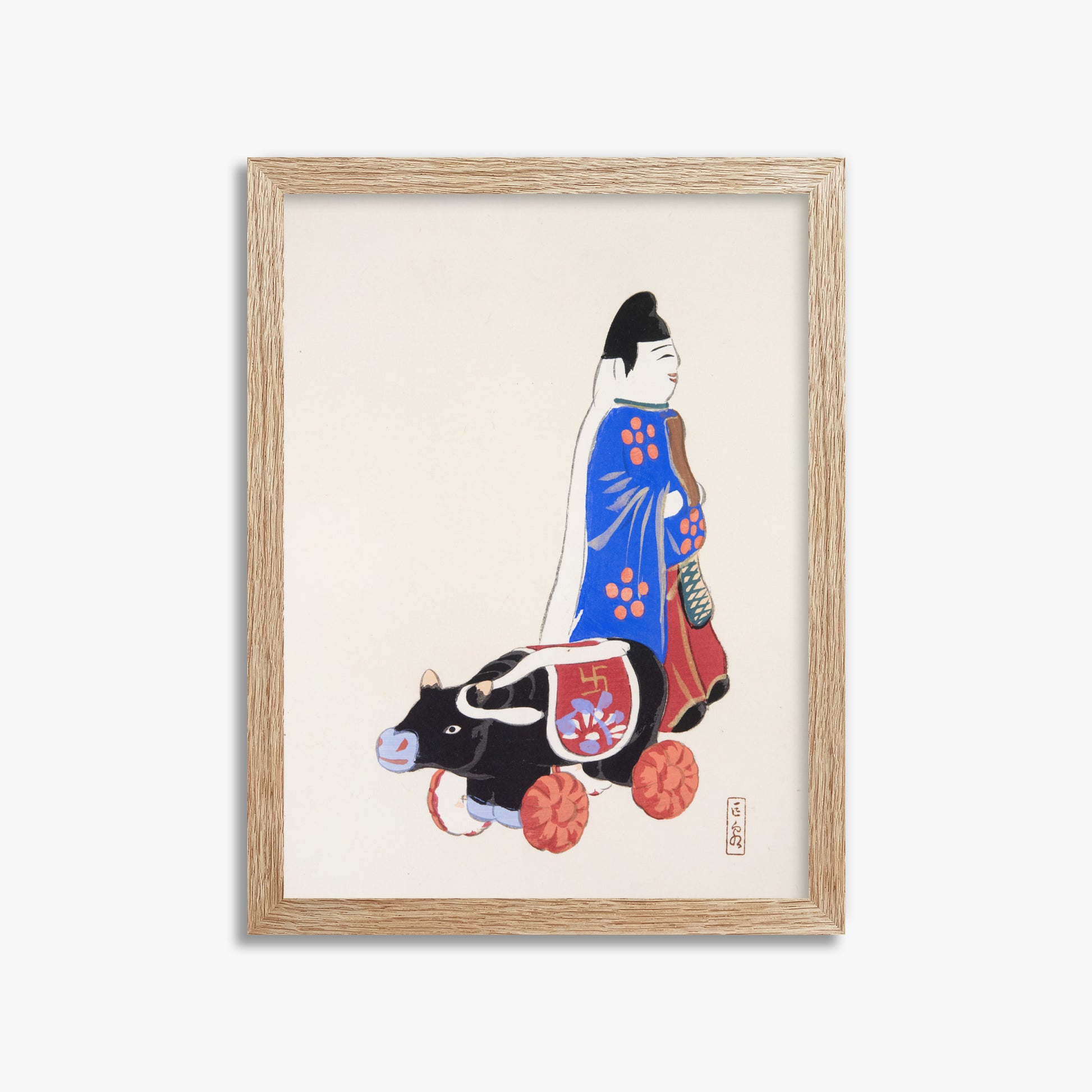 Kawasaki Kyosen: Kyosen’s Collected Illustrations of Japanese Toys Nr. 39 ("Ancient Companion: Japanese Pastoral Toy"), 30x40cm Framed Art Reproduction With Raw Oak Frame
