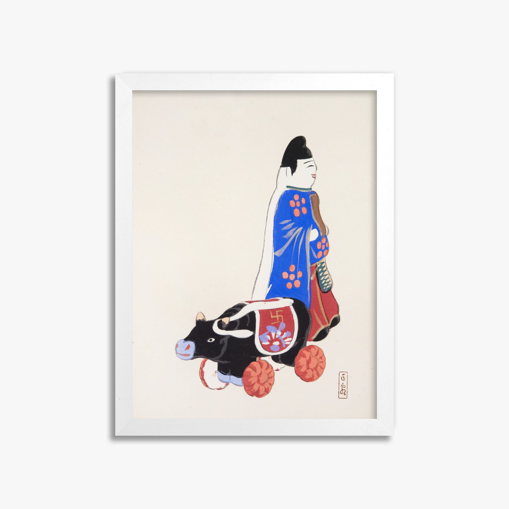 Kawasaki Kyosen: Kyosen’s Collected Illustrations of Japanese Toys Nr. 39 ("Ancient Companion: Japanese Pastoral Toy"), 30x40cm Framed Art Reproduction With White Frame