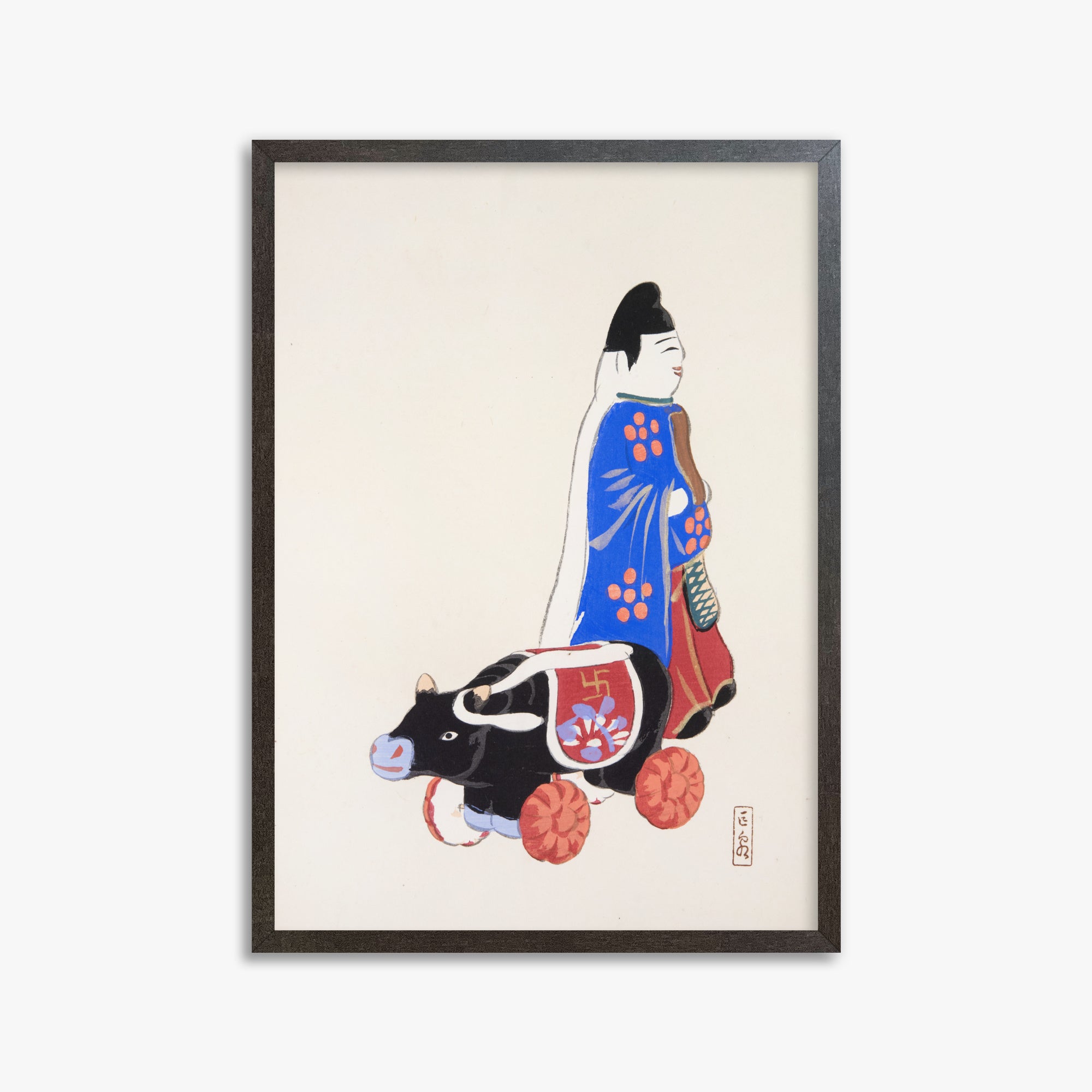 Kawasaki Kyosen: Kyosen’s Collected Illustrations of Japanese Toys Nr. 39 ("Ancient Companion: Japanese Pastoral Toy"), 50x70cm Framed Art Reproduction With Espresso Frame