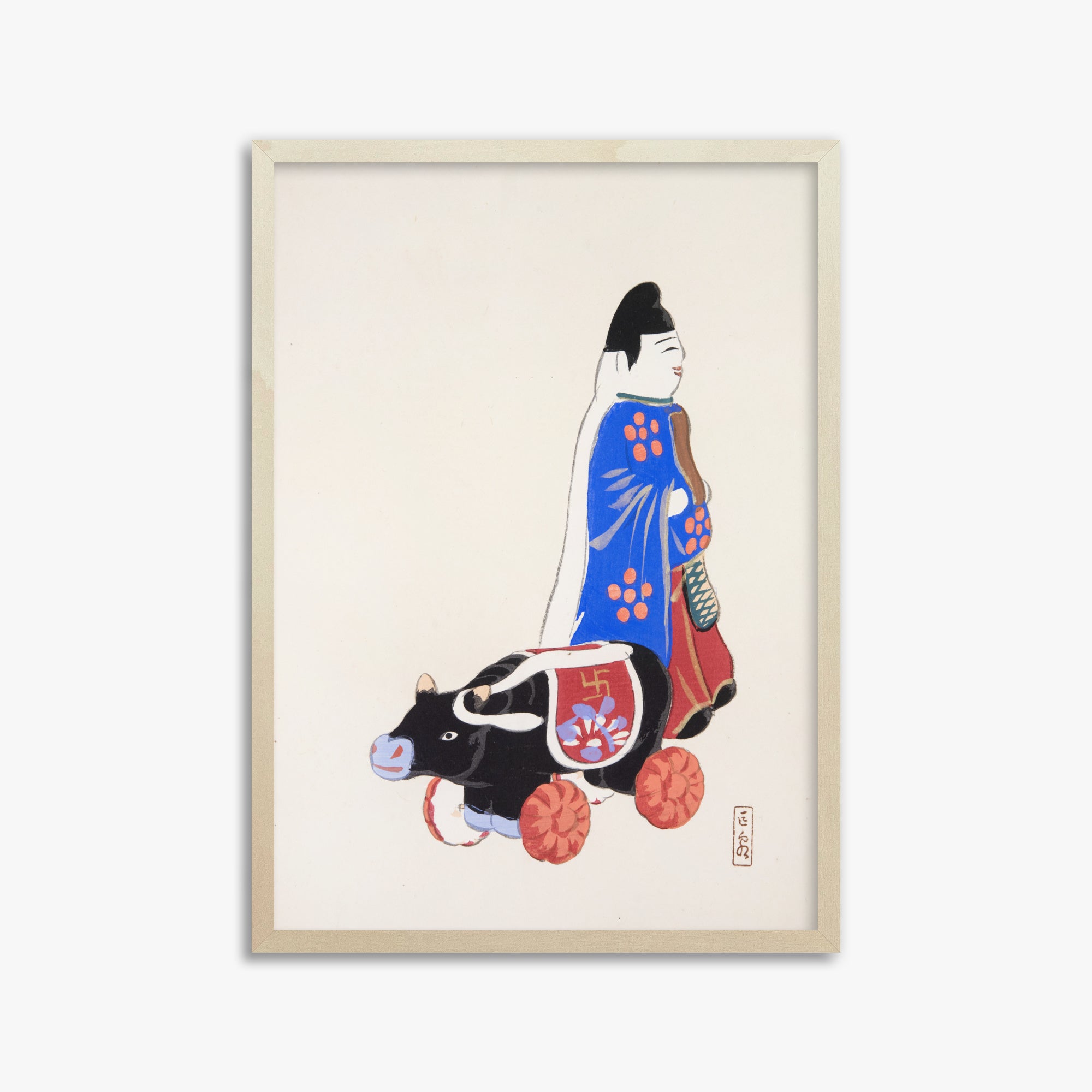 Kawasaki Kyosen: Kyosen’s Collected Illustrations of Japanese Toys Nr. 39 ("Ancient Companion: Japanese Pastoral Toy"), 50x70cm Framed Art Reproduction With Lime Wood Frame