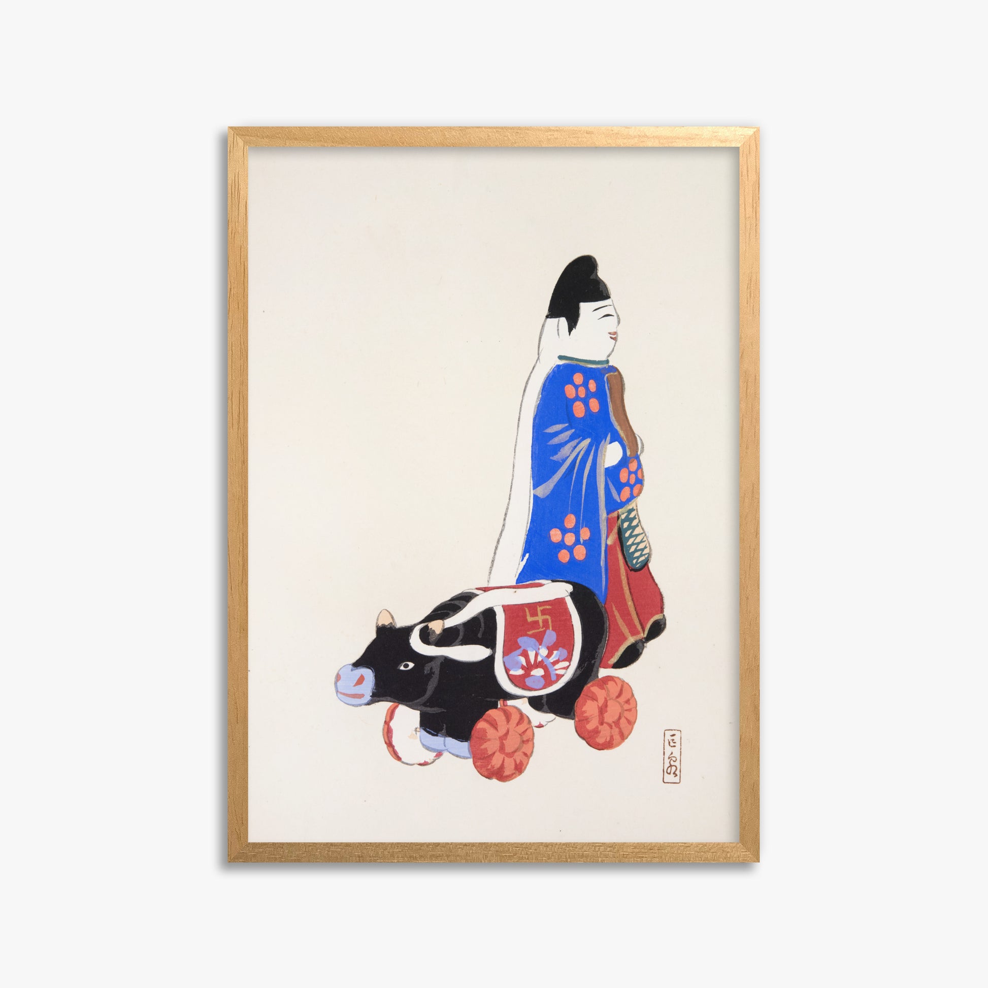 Kawasaki Kyosen: Kyosen’s Collected Illustrations of Japanese Toys Nr. 39 ("Ancient Companion: Japanese Pastoral Toy"), 50x70cm Framed Art Reproduction With Oak Frame