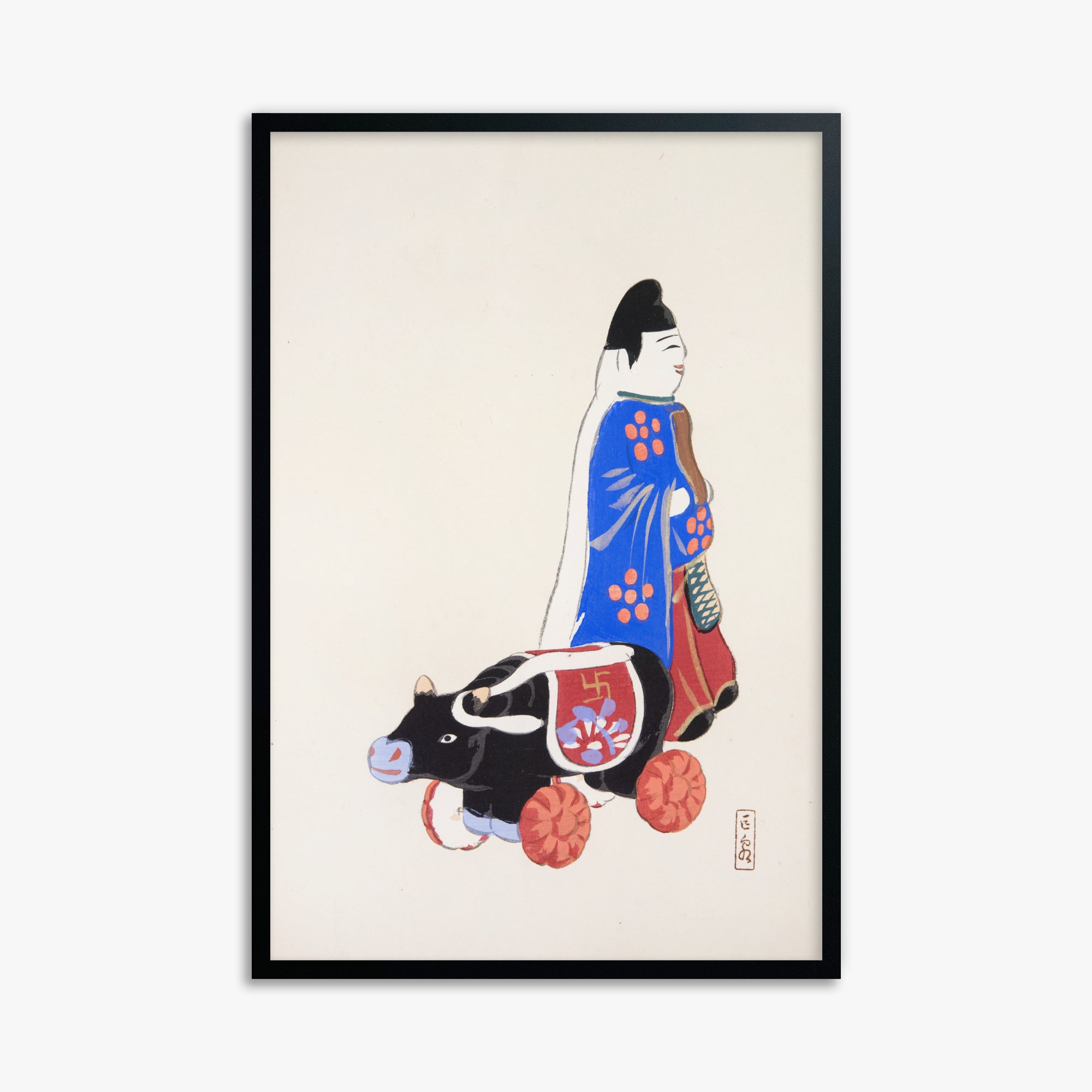 Kawasaki Kyosen: Kyosen’s Collected Illustrations of Japanese Toys Nr. 39 ("Ancient Companion: Japanese Pastoral Toy"), 61x91cm Framed Art Reproduction With Black Frame