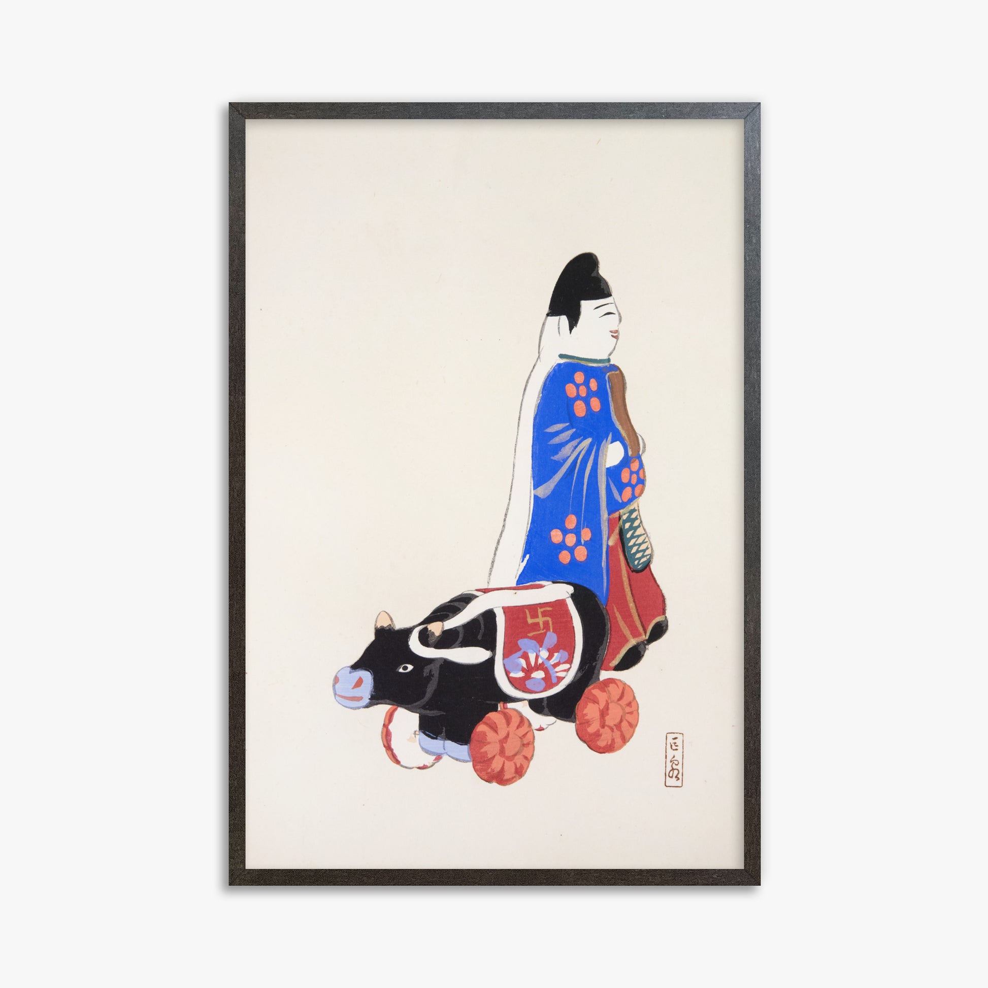 Kawasaki Kyosen: Kyosen’s Collected Illustrations of Japanese Toys Nr. 39 ("Ancient Companion: Japanese Pastoral Toy"), 61x91cm Framed Art Reproduction With Espresso Frame