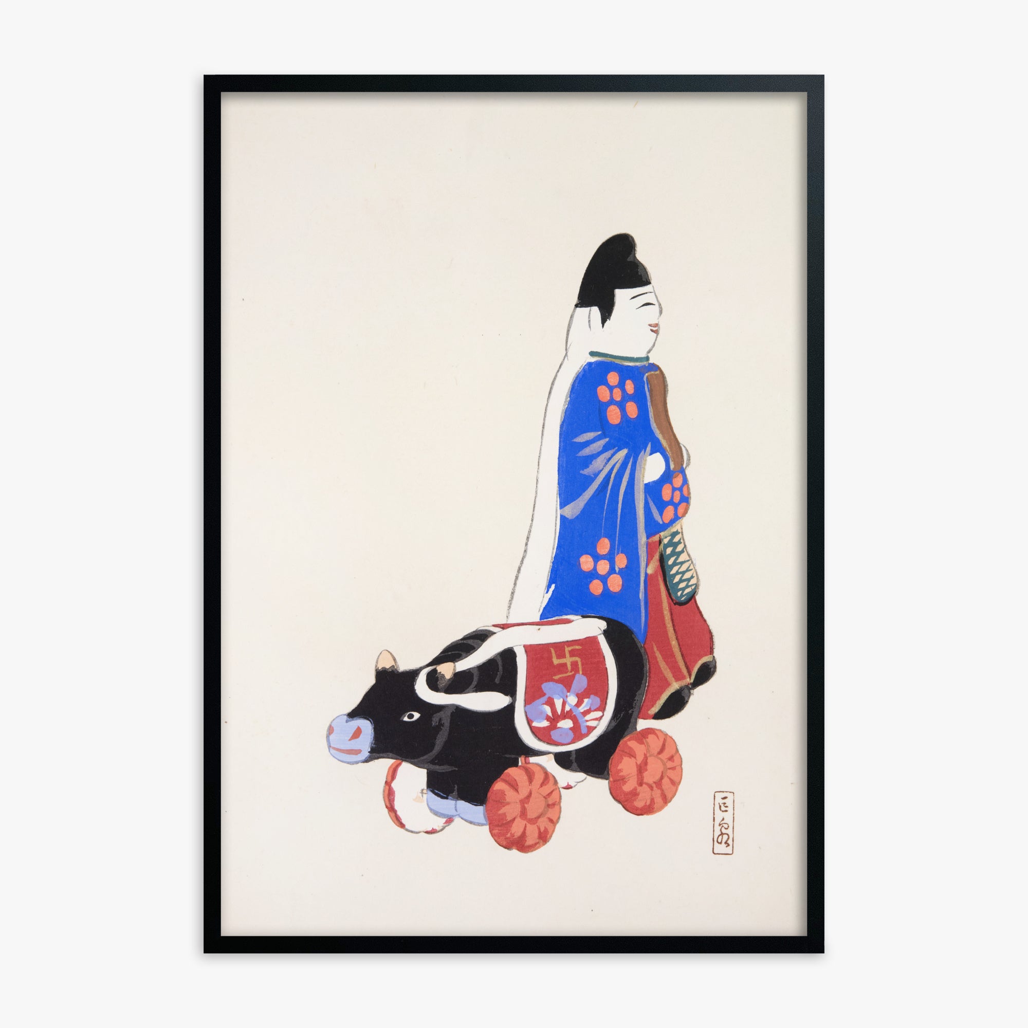 Kawasaki Kyosen: Kyosen’s Collected Illustrations of Japanese Toys Nr. 39 ("Ancient Companion: Japanese Pastoral Toy"), Black Framed Art Reproduction With Black Frame