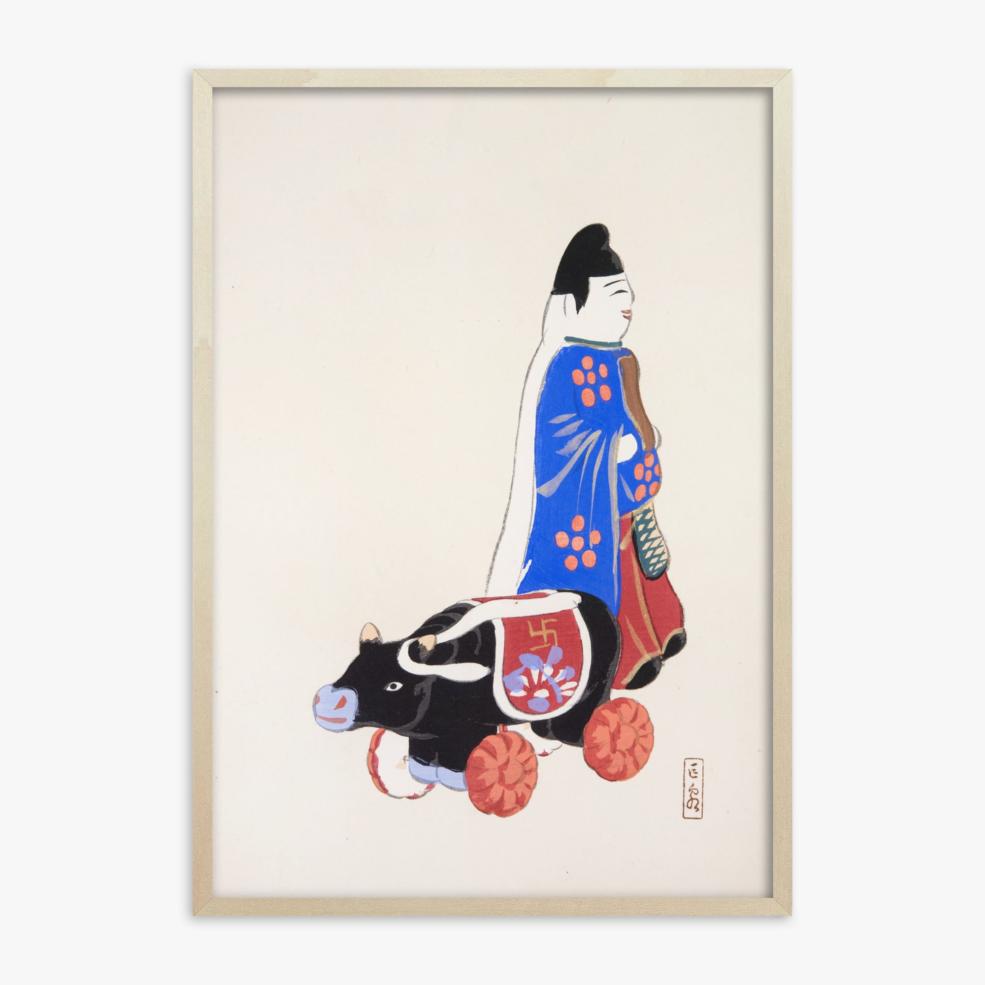 Kawasaki Kyosen: Kyosen’s Collected Illustrations of Japanese Toys Nr. 39 ("Ancient Companion: Japanese Pastoral Toy"), 70x100cm Framed Art Reproduction With Lime Wood Frame
